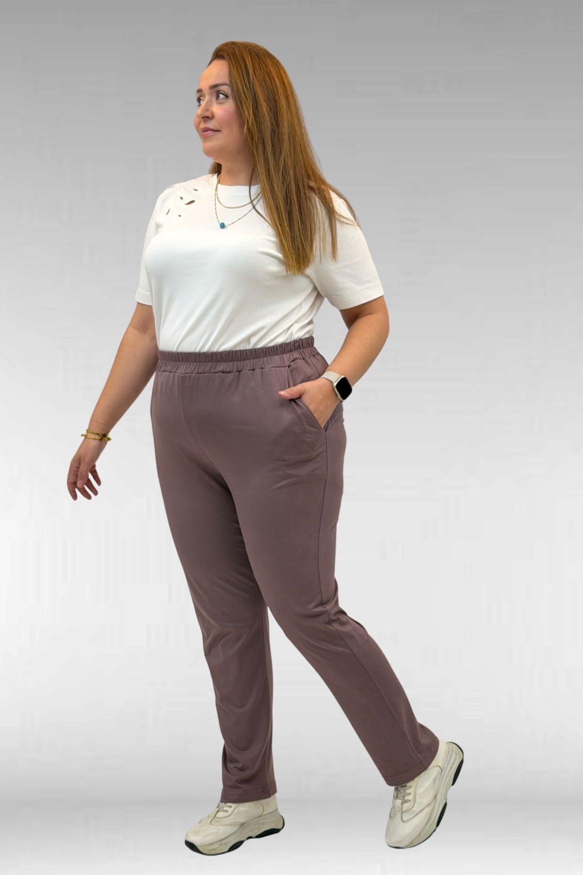 39001 Büyük Beden Yüksek Beli Lastikli Penye Pantolon - Vizon