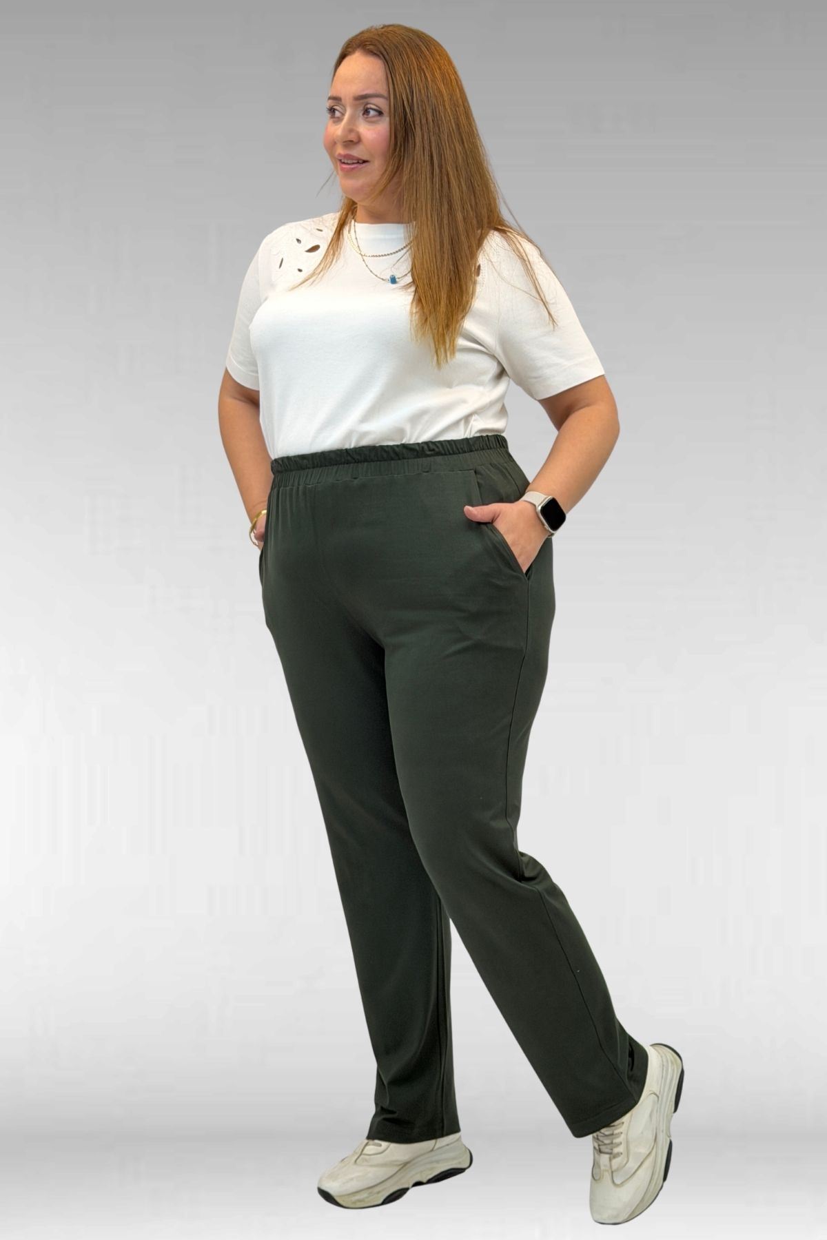 39001 Büyük Beden Yüksek Beli Lastikli Penye Pantolon - Haki