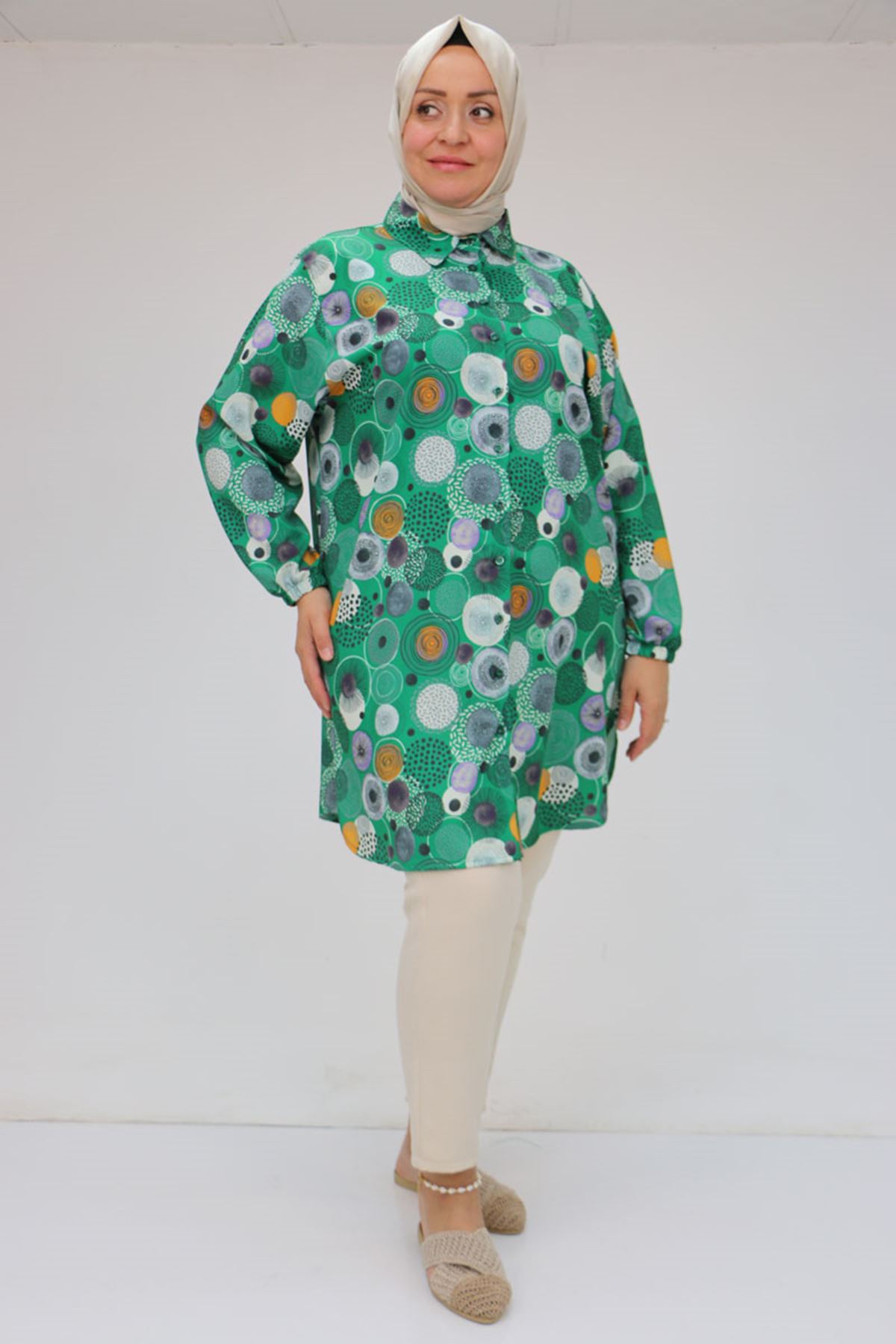 98052 Büyük Beden Erkek Yakalı Jesica Gömlek Tunik - Daire Desen Beneton