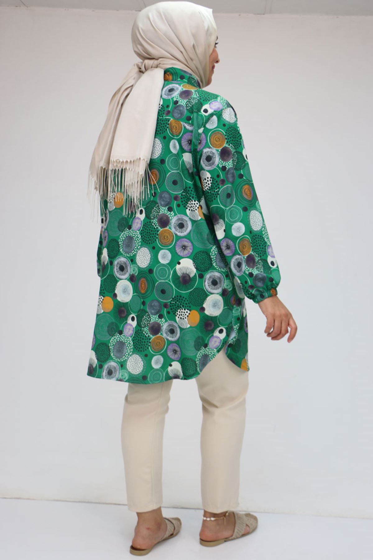 98052 Büyük Beden Erkek Yakalı Jesica Gömlek Tunik - Daire Desen Beneton