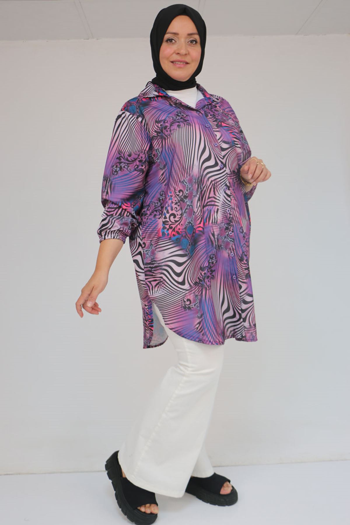 98052 Büyük Beden Erkek Yakalı Jesica Gömlek Tunik - Zebra Desen Mor