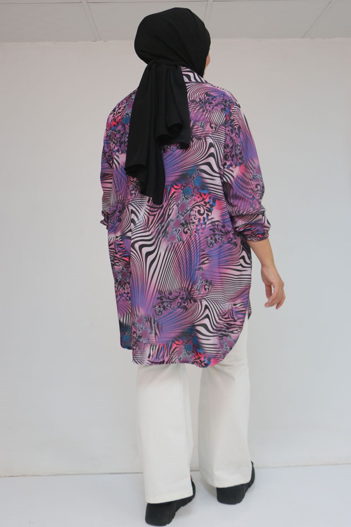 98052 Büyük Beden Erkek Yakalı Jesica Gömlek Tunik - Zebra Desen Mor