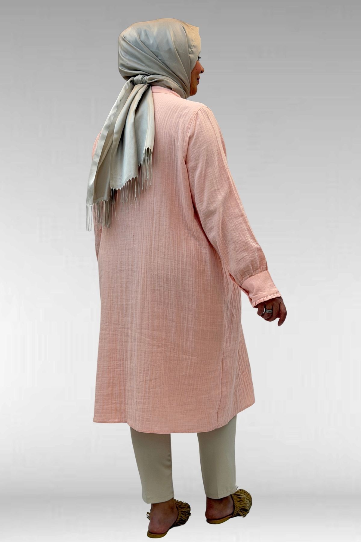 68022 Büyük Beden Boydan Pile Detaylı Müslin Gömlek - Toz Pembe