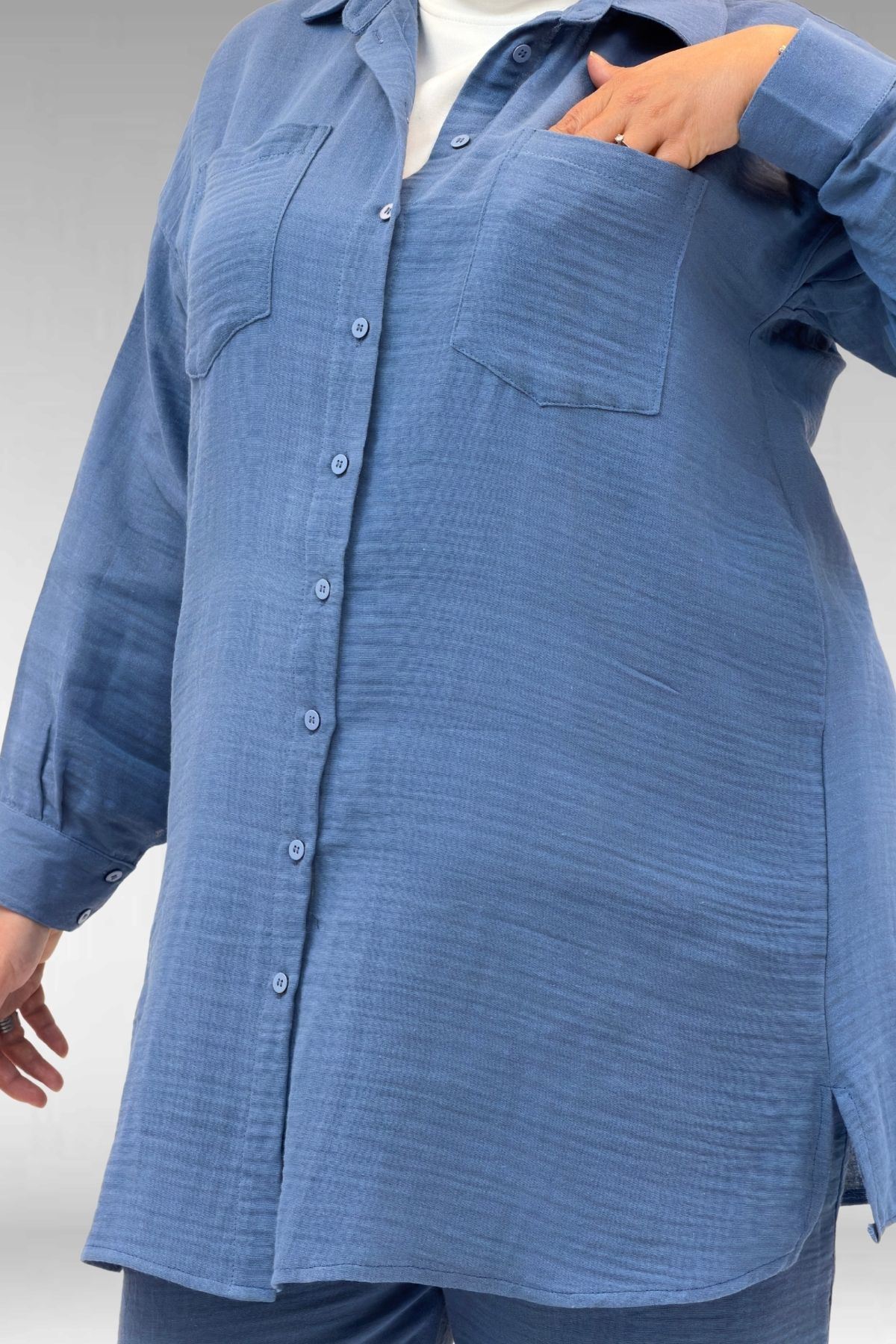 67036 Büyük Beden Cepli Düğmeli Müslin Pantolonlu Takım - Soğuk Mavi