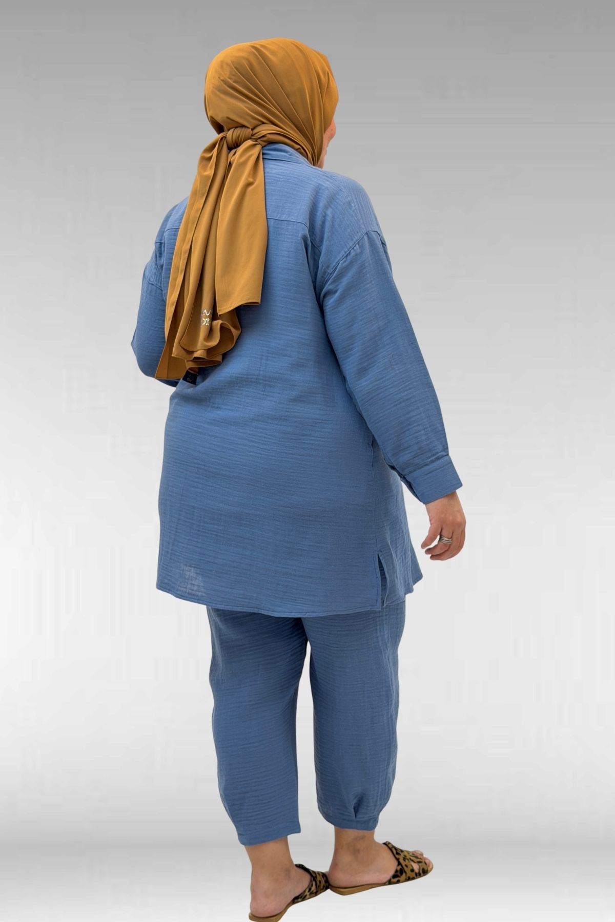 67036 Büyük Beden Cepli Düğmeli Müslin Pantolonlu Takım - Soğuk Mavi