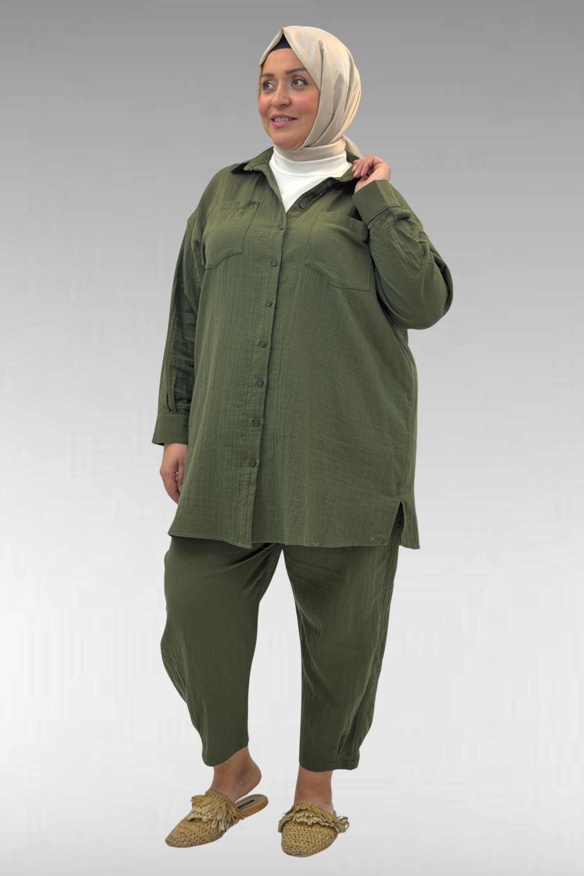 67036 Büyük Beden Cepli Düğmeli Müslin Pantolonlu Takım - Haki