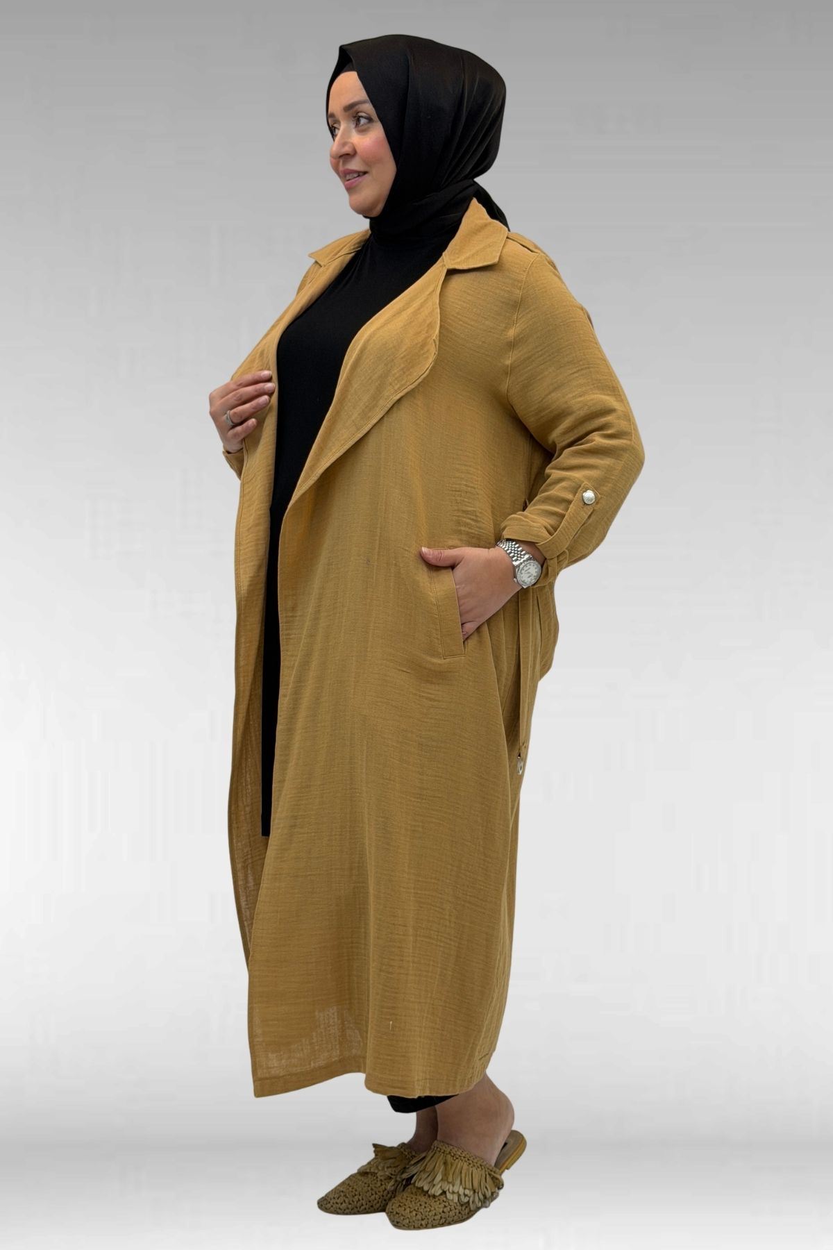 63006  Büyük Beden D Halka Detaylı Müslin Trençkot - Bisküvi