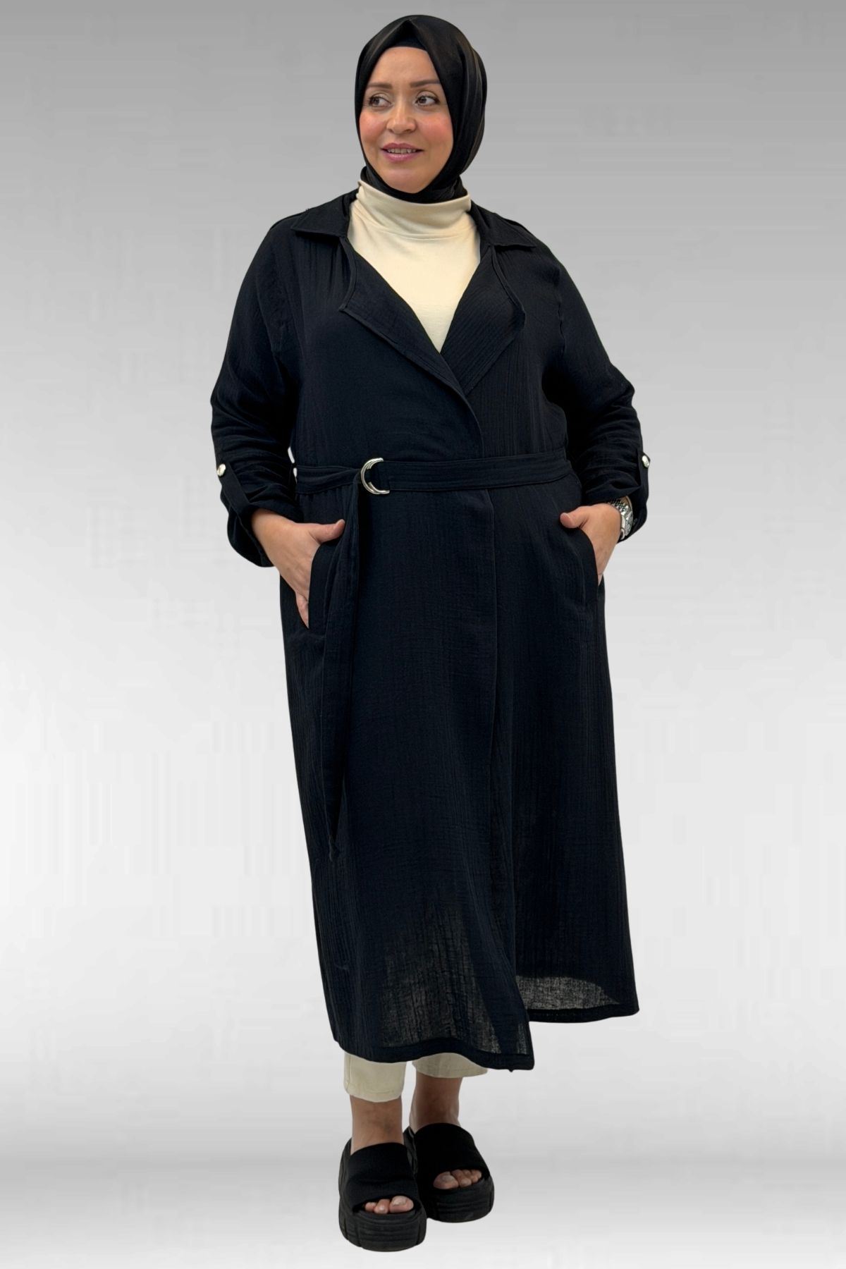63006  Büyük Beden D Halka Detaylı Müslin Trençkot - Siyah