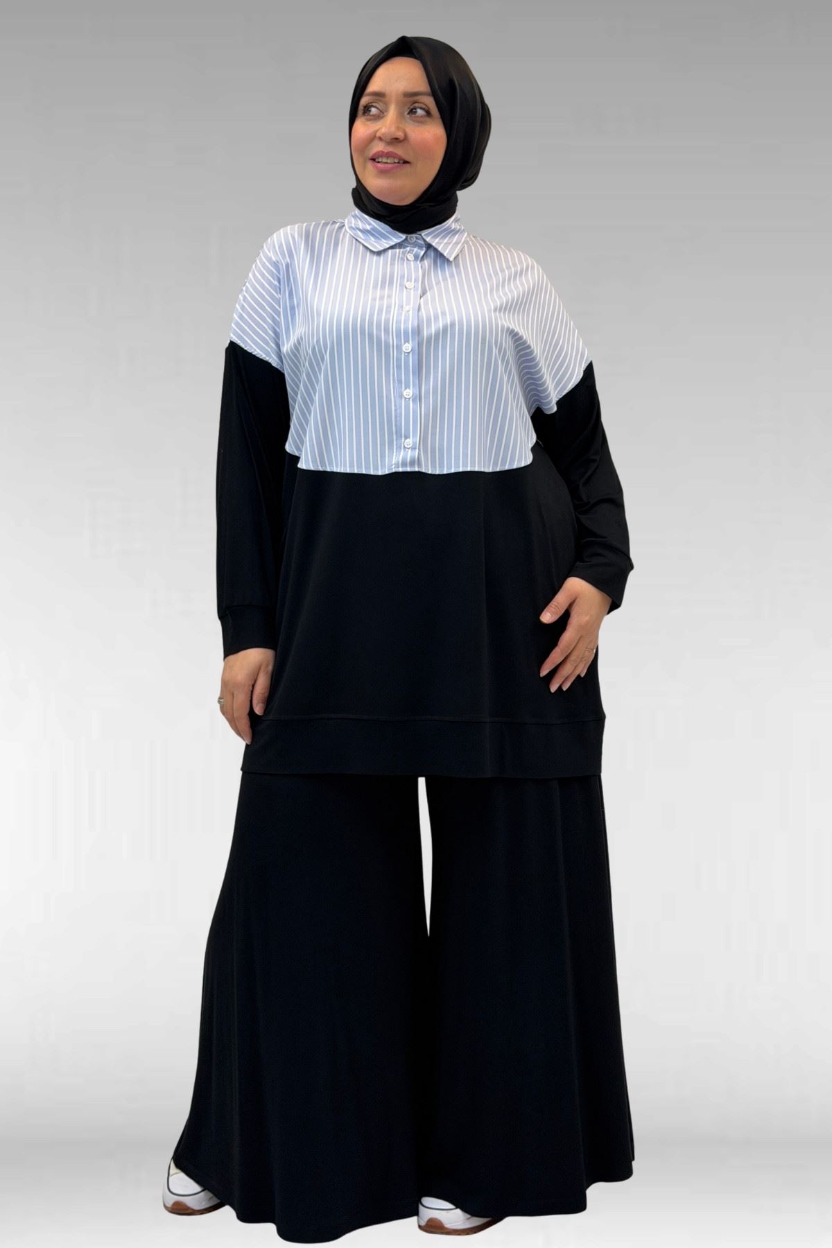 57016 Büyük Beden Erkek Yaka Kombinli Pantolonlu Takım - Siyah-Mavi