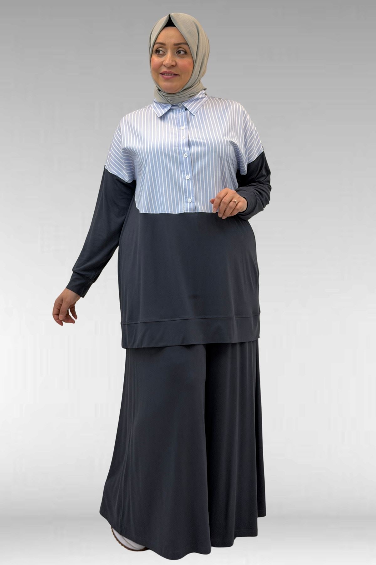 57016  Büyük Beden Erkek Yaka Kombinli Pantolonlu Takım - Antrasit-Mavi