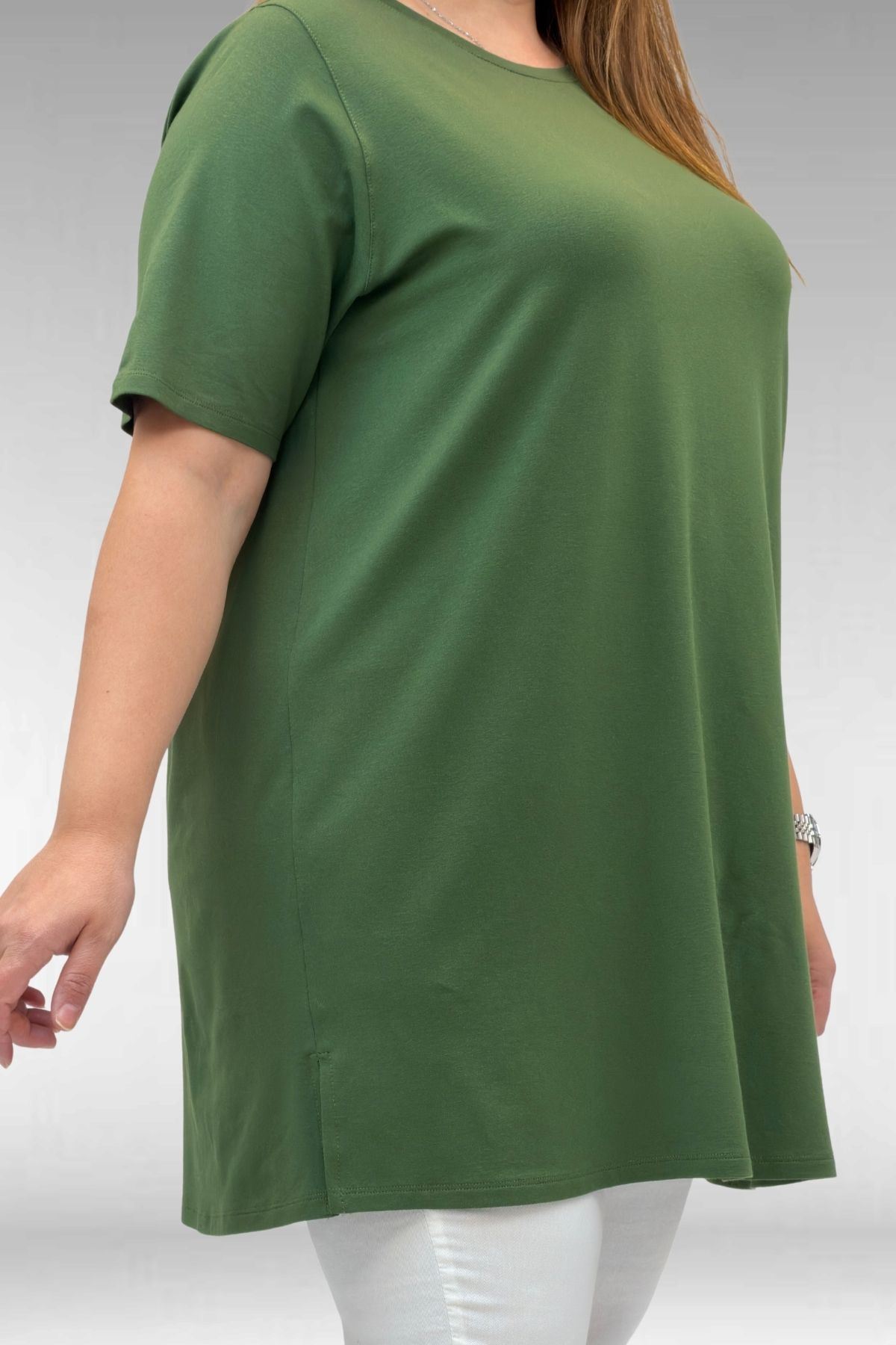 58507 Büyük Beden Yakası Biyeli Penye Tişört - Haki