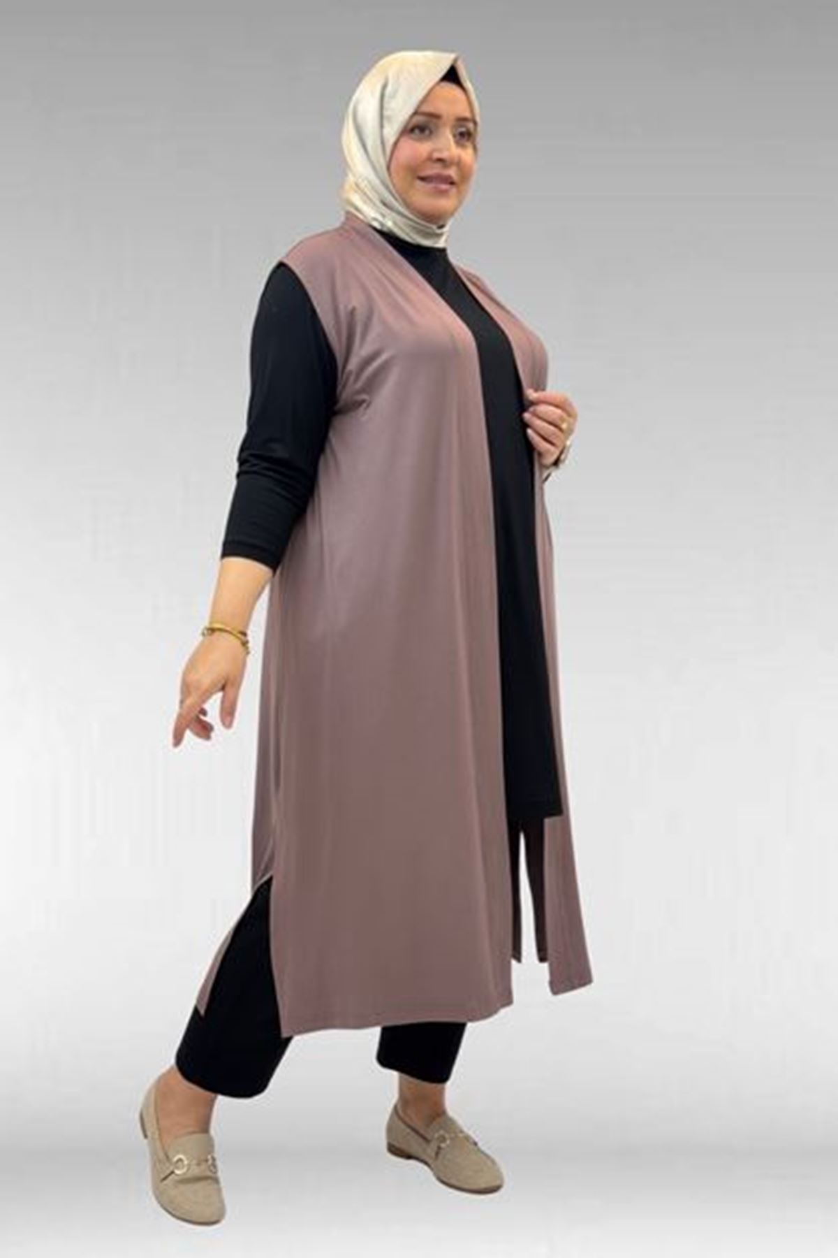 D-34000 Büyük Beden Penye Giy-Çık Yelek - Vizon