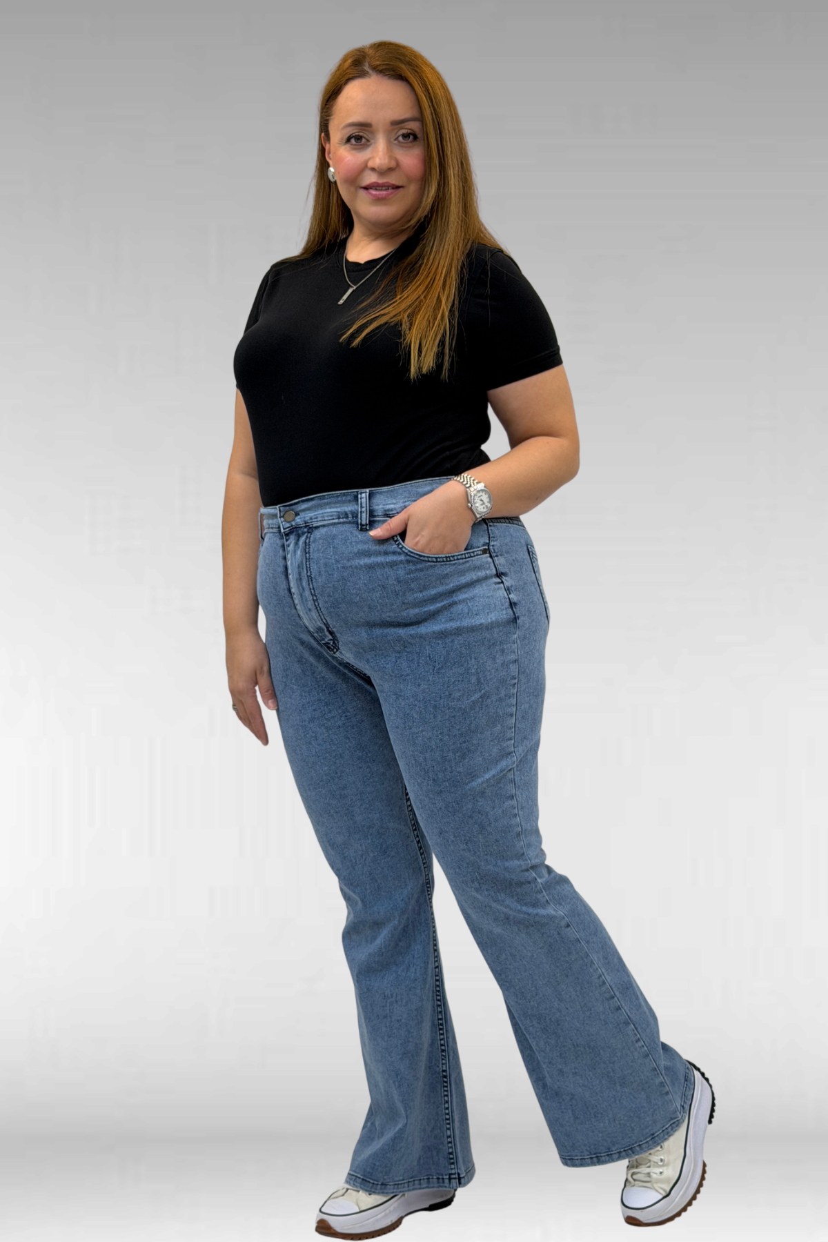 9110-11 Büyük Beden İspanyol Paça Kot Pantolon - Buz Mavi