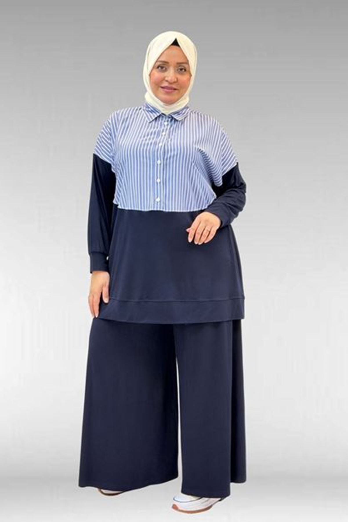 D-57016  Büyük Beden Erkek Yaka Kombinli Pantolonlu Takım - Lacivert -Lacivert