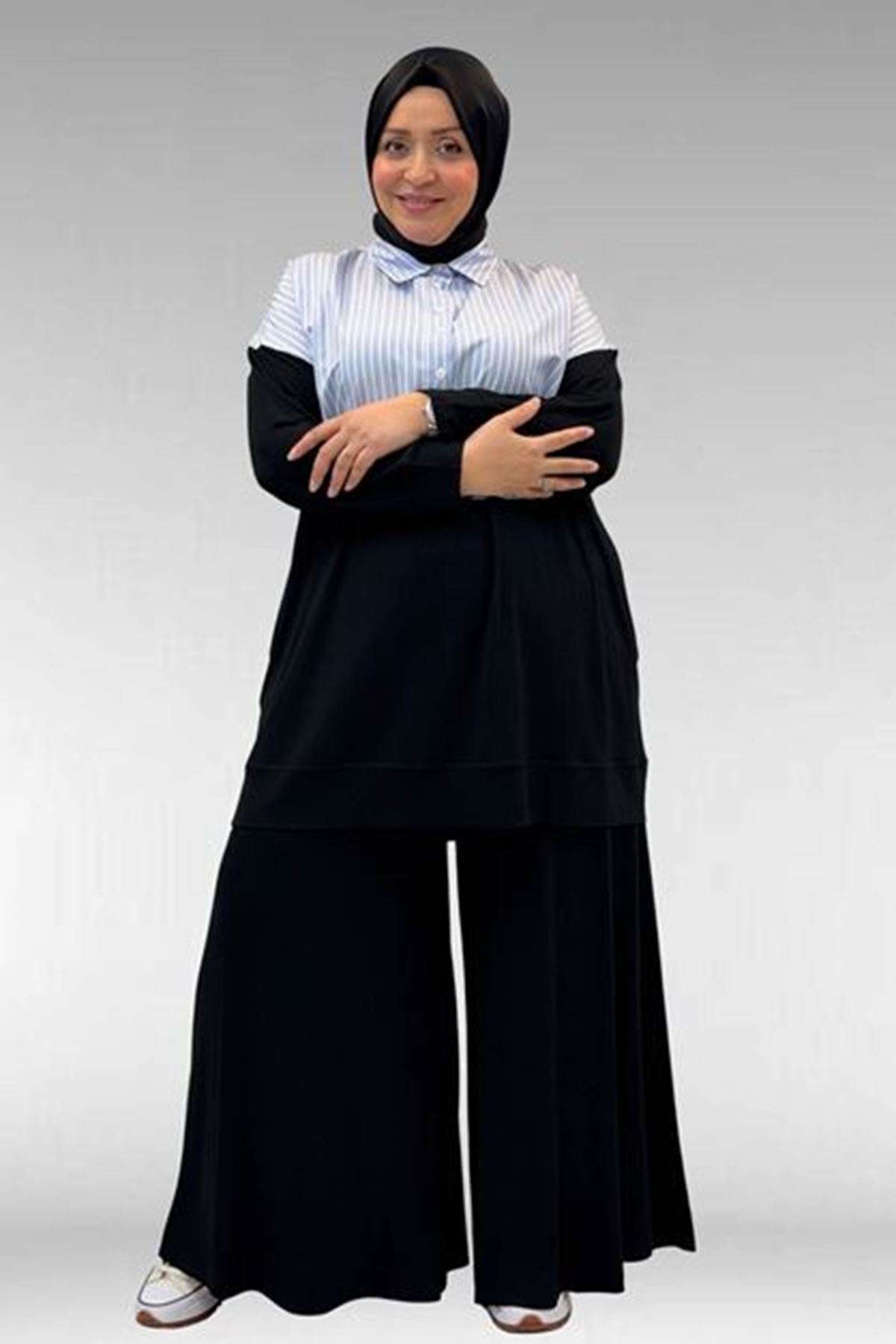 D-57016 Büyük Beden Erkek Yaka Kombinli Pantolonlu Takım - Siyah-Mavi