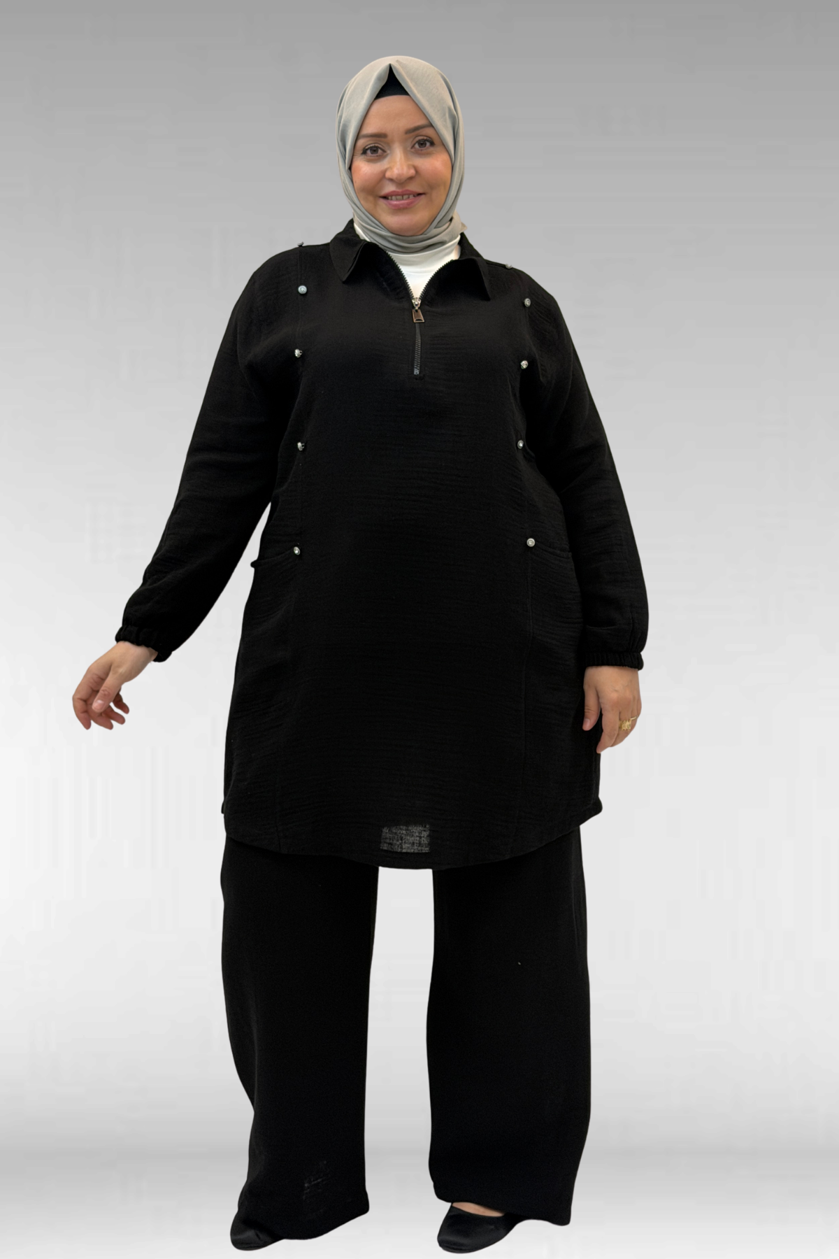 67020 Büyük Beden Yarım Fermuarlı Erkek Yakalı Müslin Pantolonlu Takım - Siyah