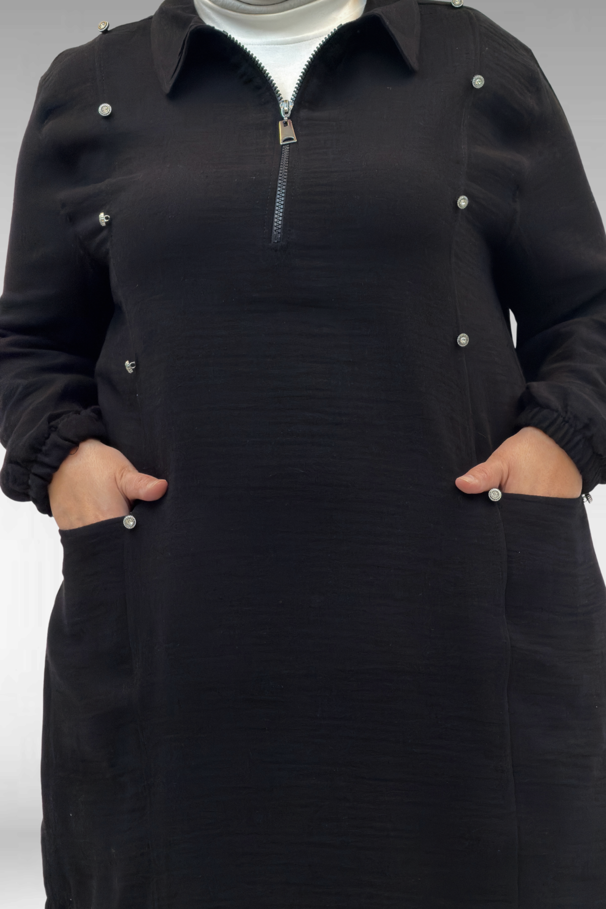 67020 Büyük Beden Yarım Fermuarlı Erkek Yakalı Müslin Pantolonlu Takım - Siyah