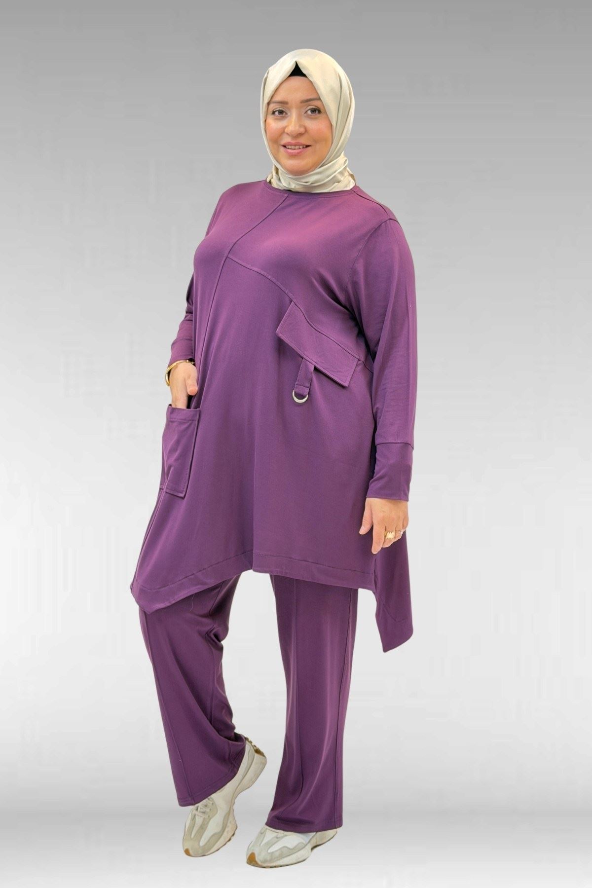 67040 Büyük Beden Cep Kapak Modelli D Halka Detaylı Penye Pantolonlu Takım - Mürdüm