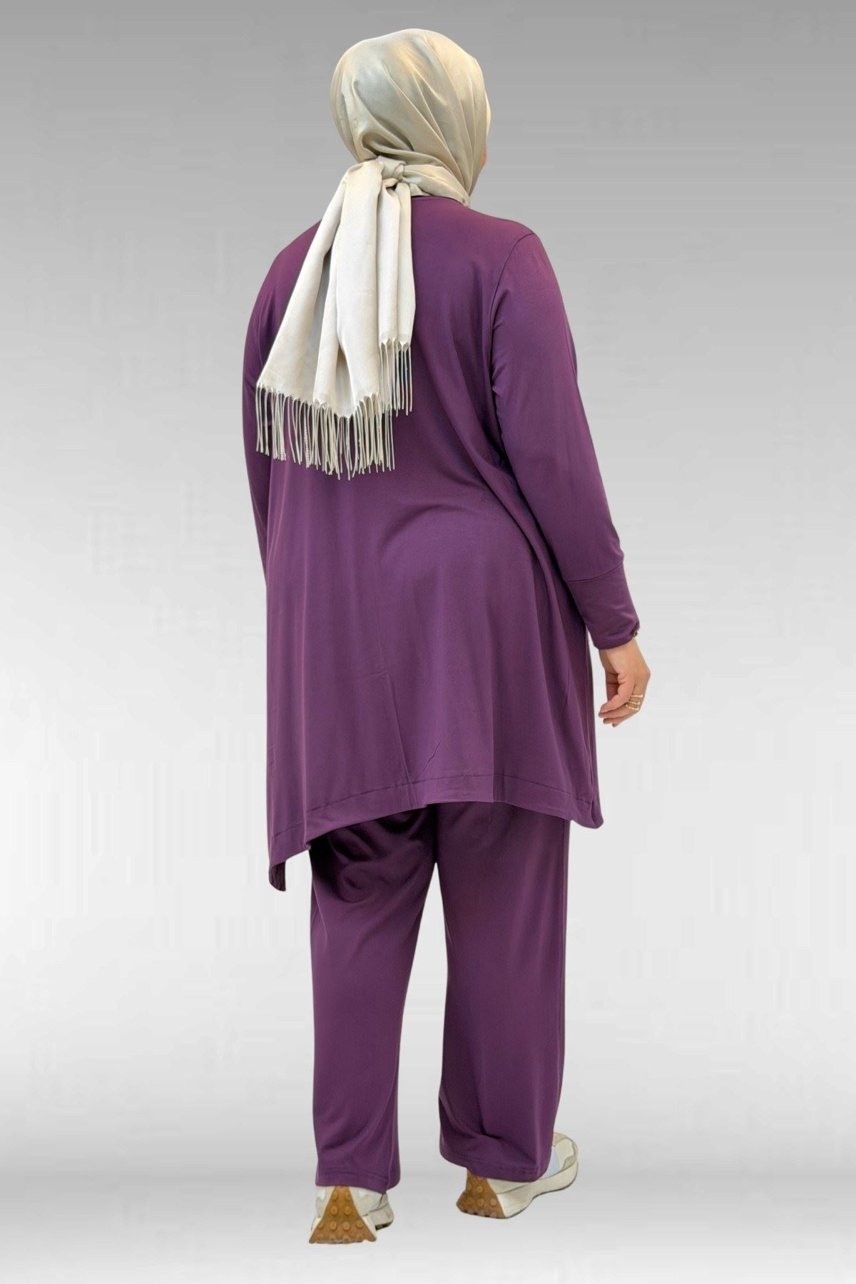 67040 Büyük Beden Cep Kapak Modelli D Halka Detaylı Penye Pantolonlu Takım - Mürdüm