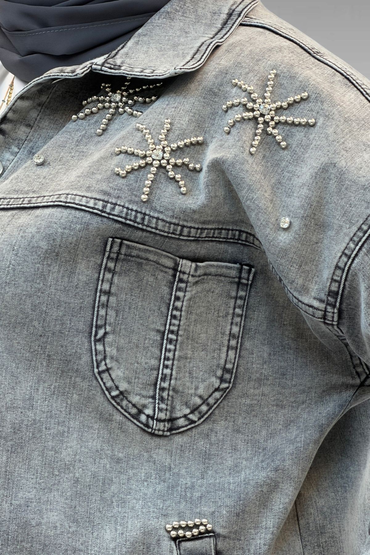 53022 Büyük Beden Yıldız İnci Çakma Detaylı Kot Ceket - Antrasit