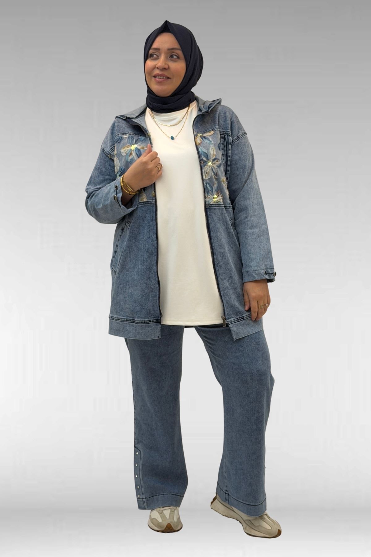 53068 Büyük Beden Bebe Lastik Detaylı Kot Ceket - Mavi 