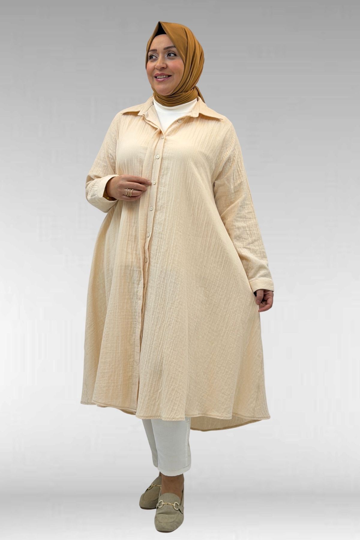 58093-1 Büyük Beden Mevlana Kesim Müslin Gömlek - Krem