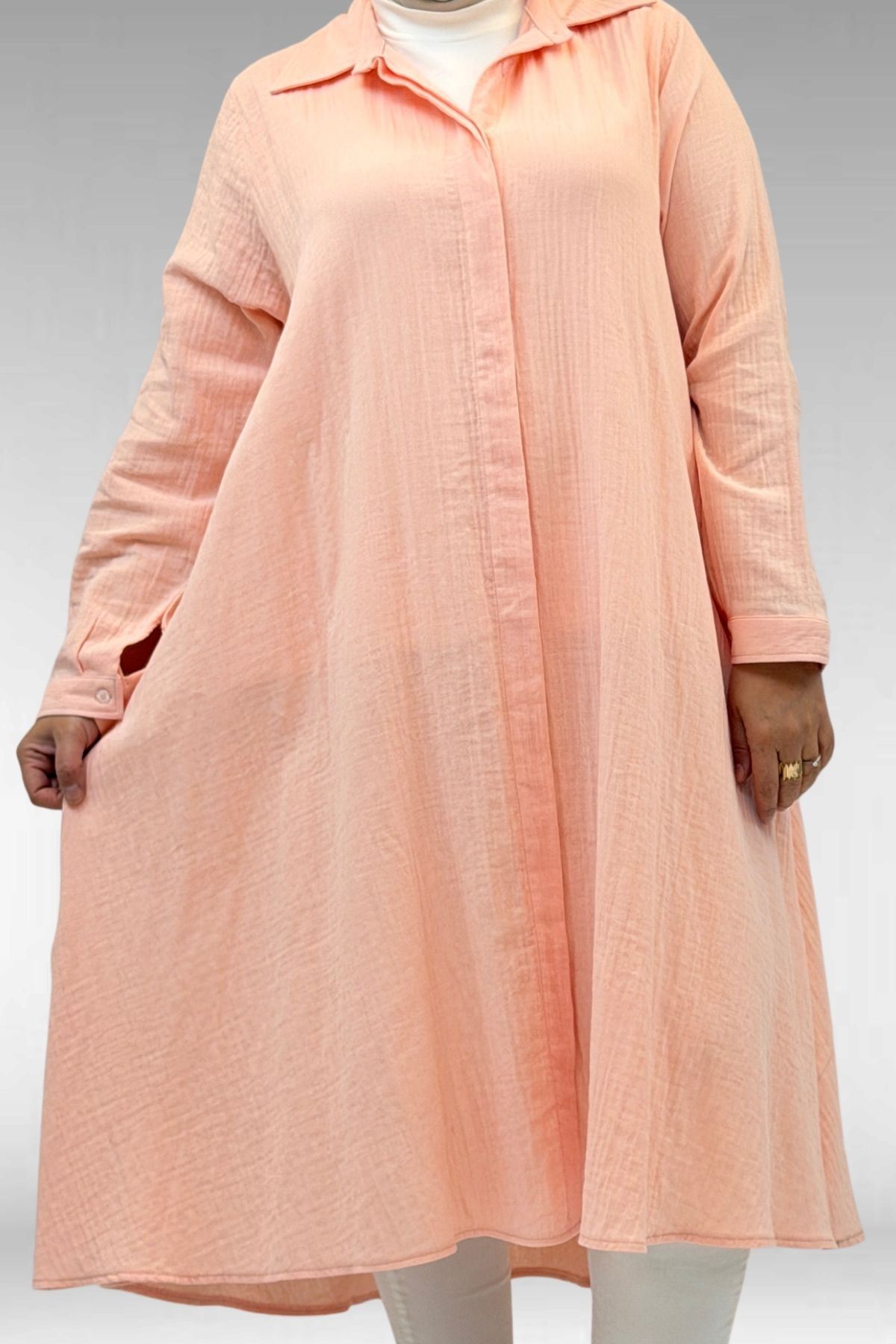 58093-1 Büyük Beden Mevlana Kesim Müslin Gömlek - Toz Pembe