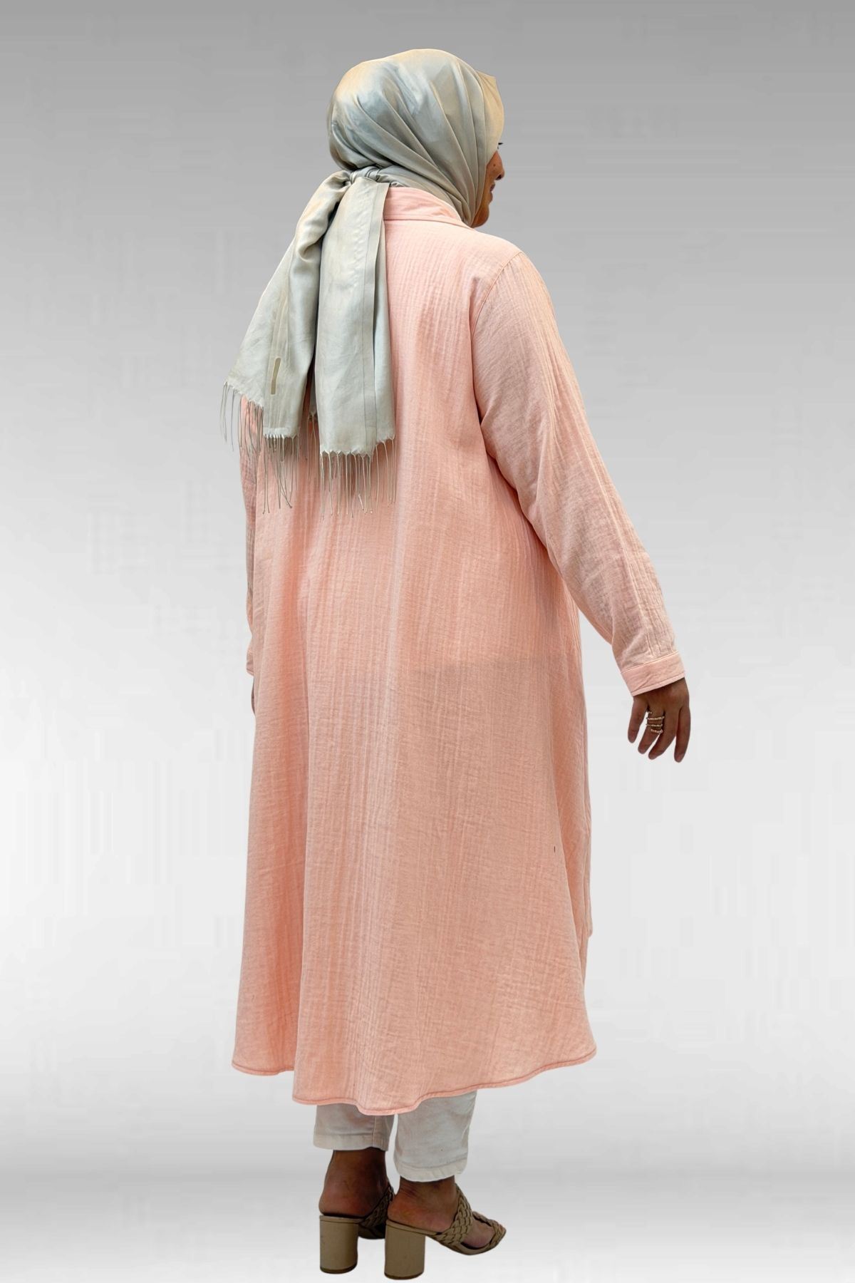 58093 Büyük Beden Mevlana Kesim Müslin Gömlek - Toz Pembe