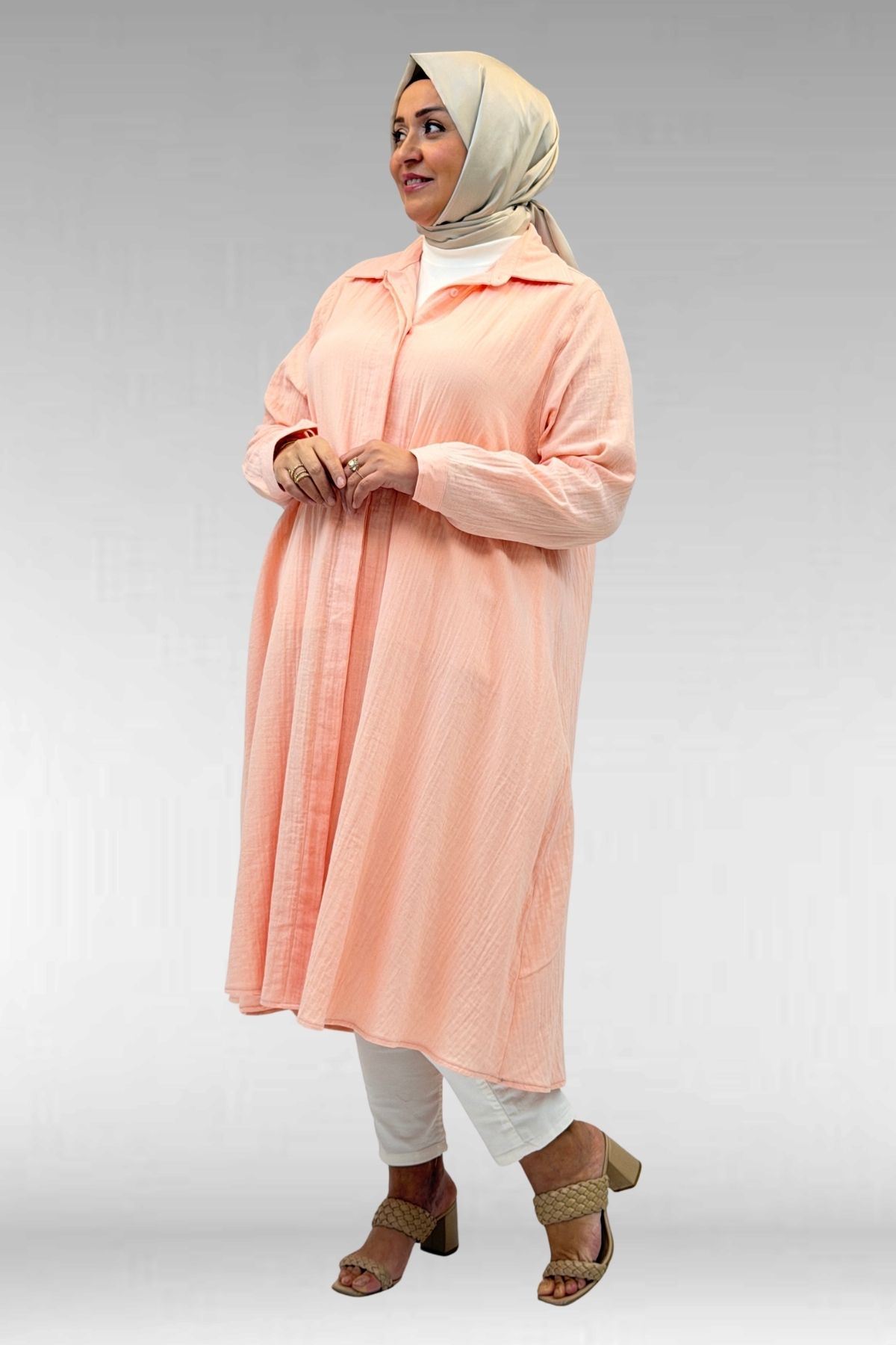 58093 Büyük Beden Mevlana Kesim Müslin Gömlek - Toz Pembe