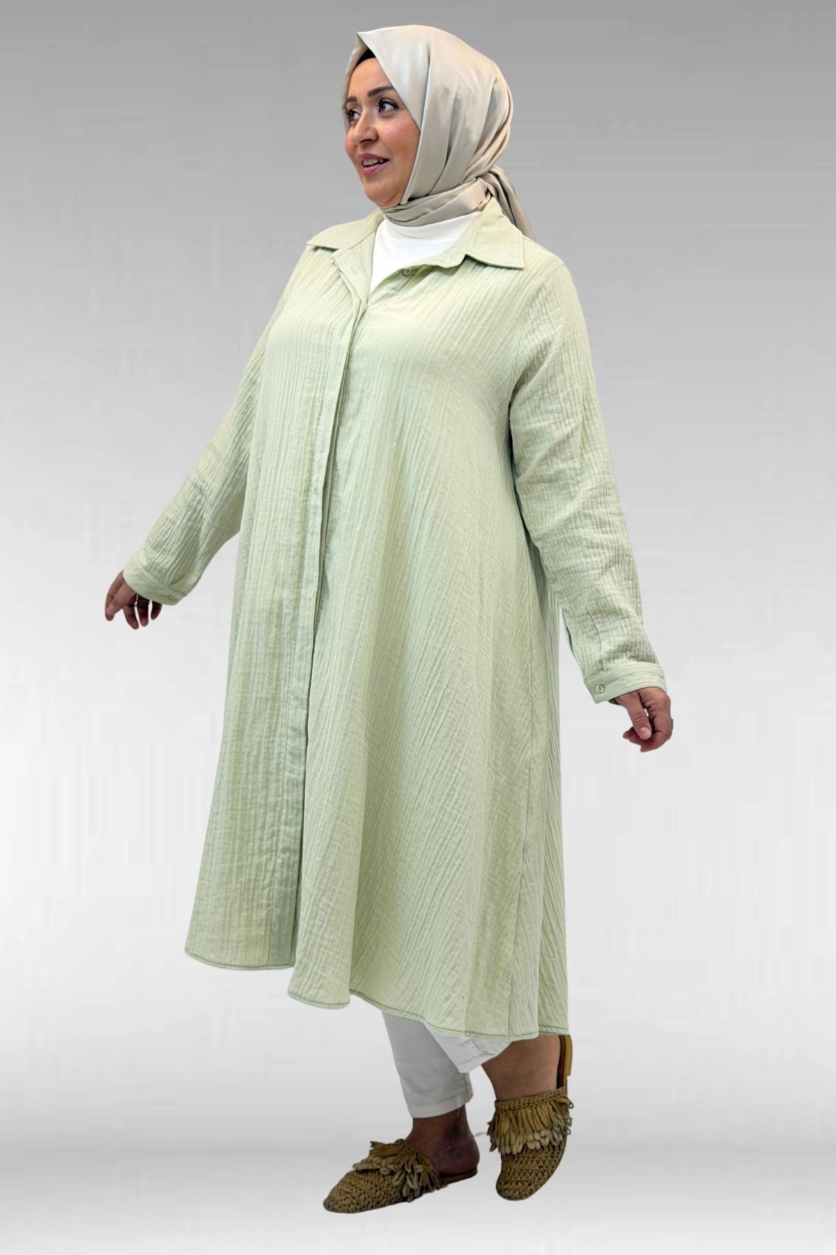 58093 Büyük Beden Mevlana Kesim Müslin Gömlek - Su Yeşili