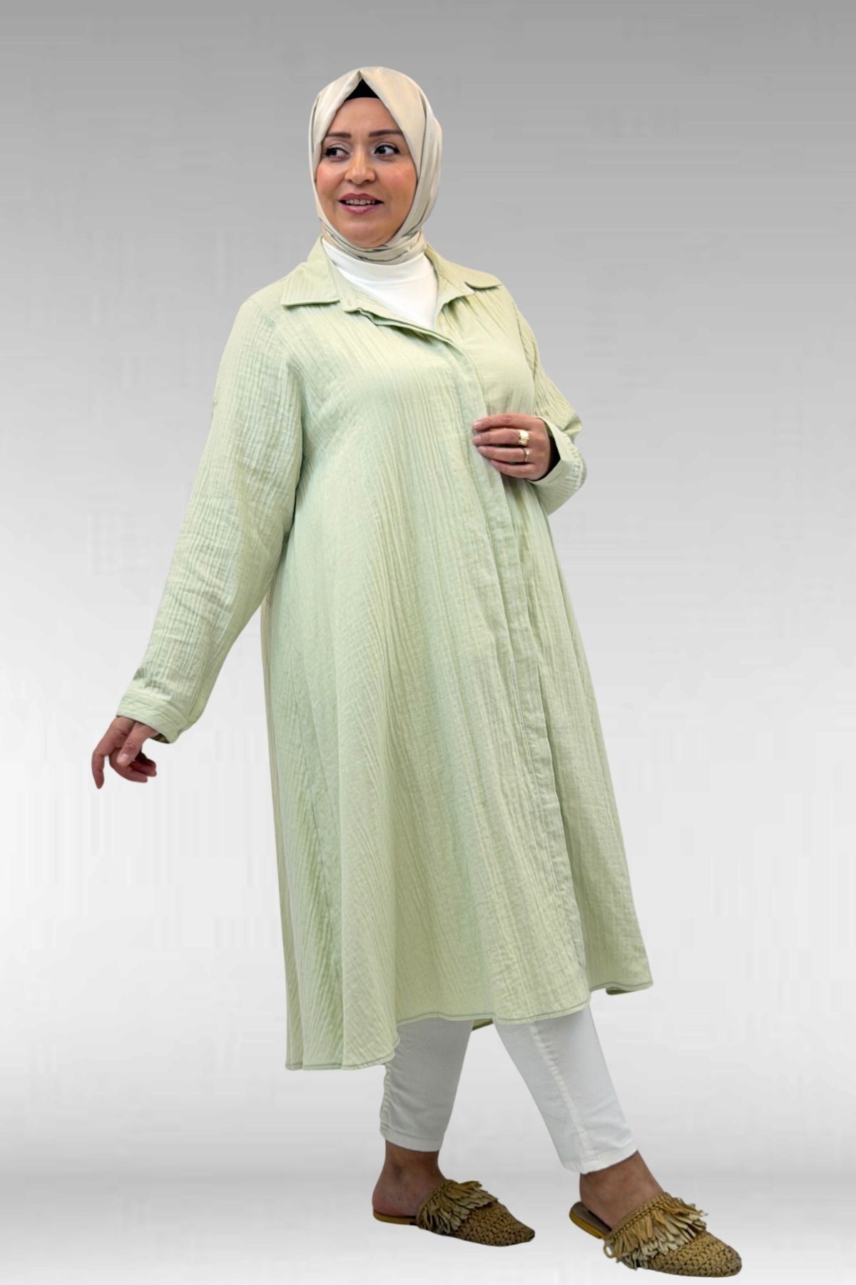 58093-1 Büyük Beden Mevlana Kesim Müslin Gömlek - Su Yeşili