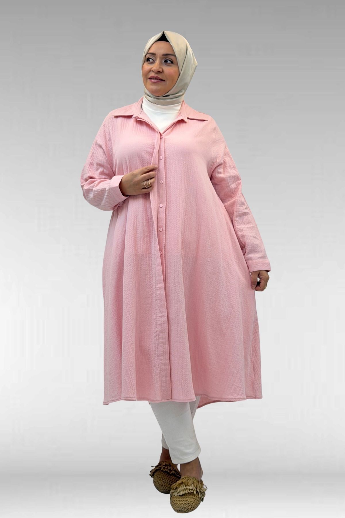 58093-1 Büyük Beden Mevlana Kesim Müslin Gömlek - Şeker Pembesi