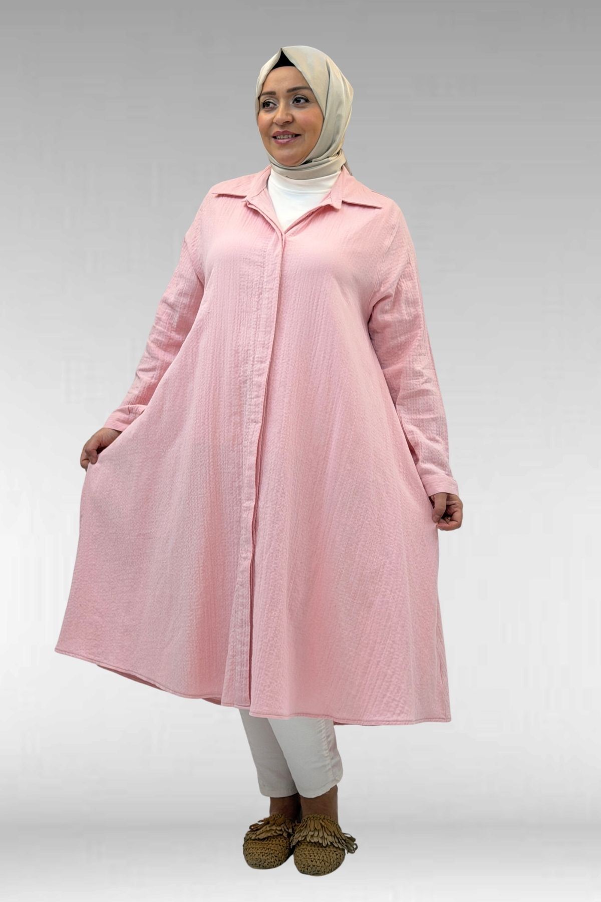 58093-1 Büyük Beden Mevlana Kesim Müslin Gömlek - Şeker Pembesi