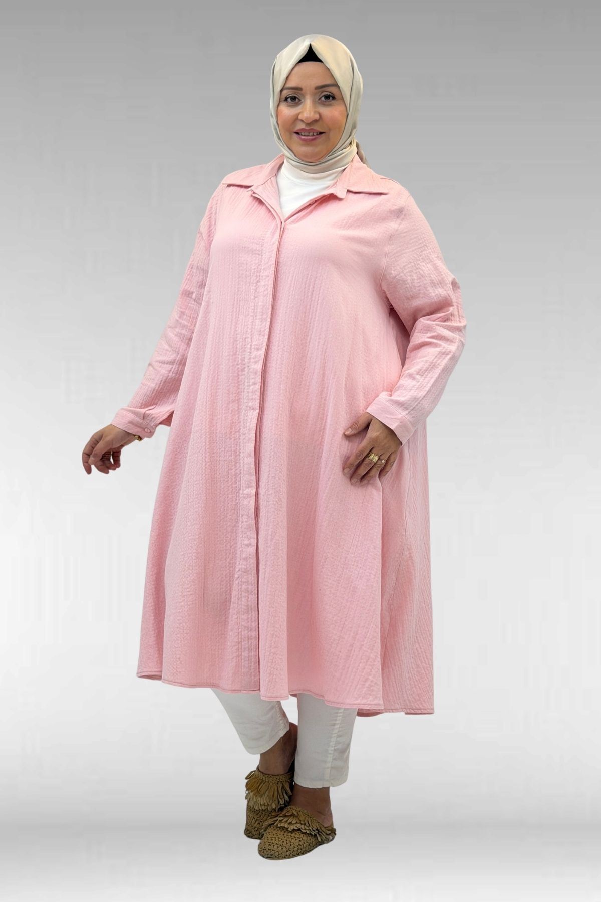 58093-1 Büyük Beden Mevlana Kesim Müslin Gömlek - Şeker Pembesi