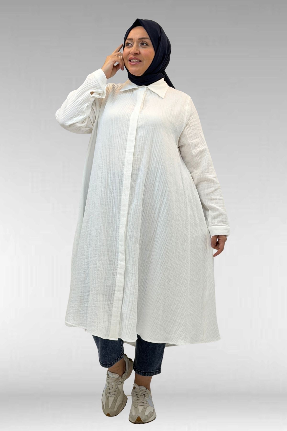 58093 Büyük Beden Mevlana Kesim Müslin Gömlek - Ekru