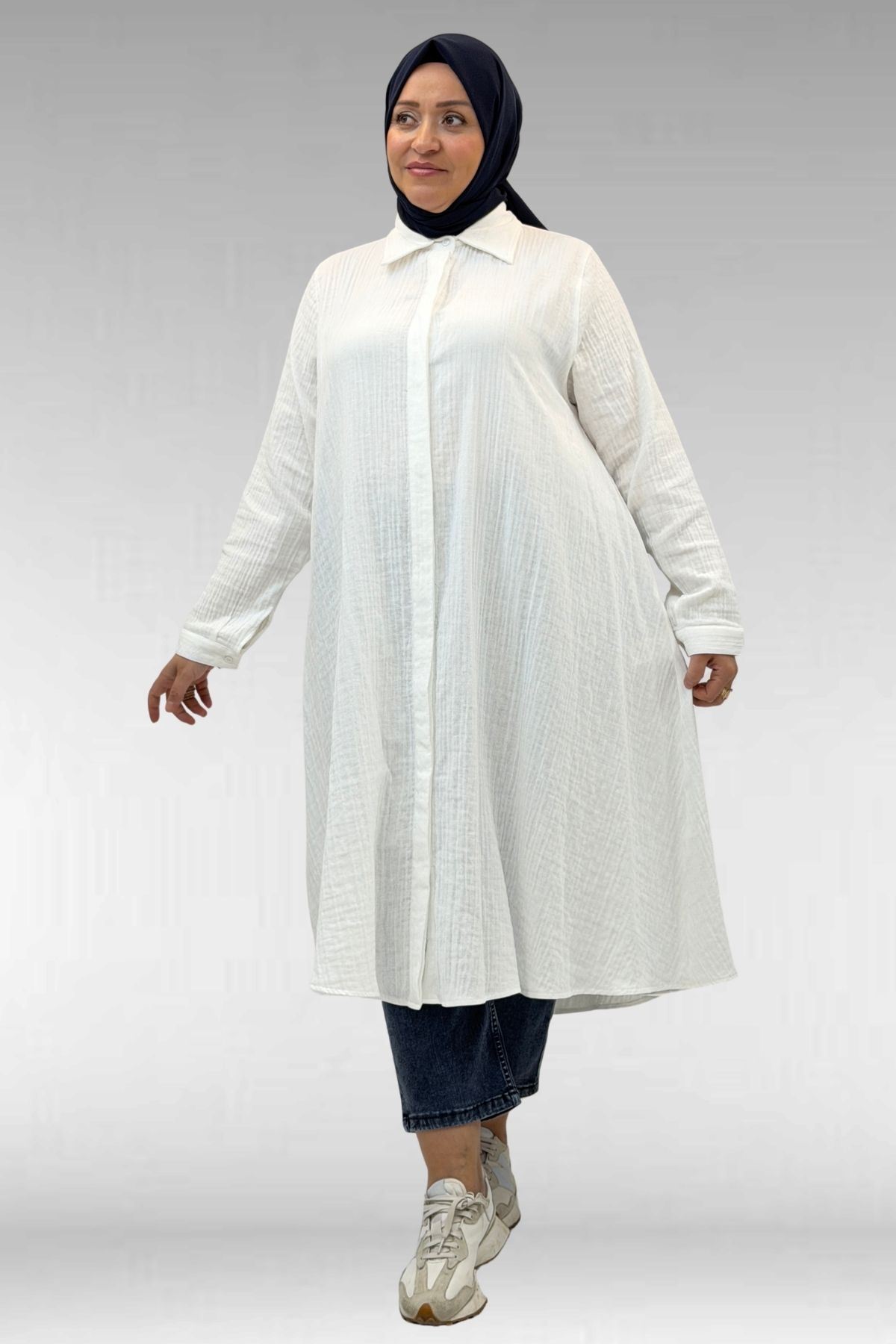 58093 Büyük Beden Mevlana Kesim Müslin Gömlek - Ekru