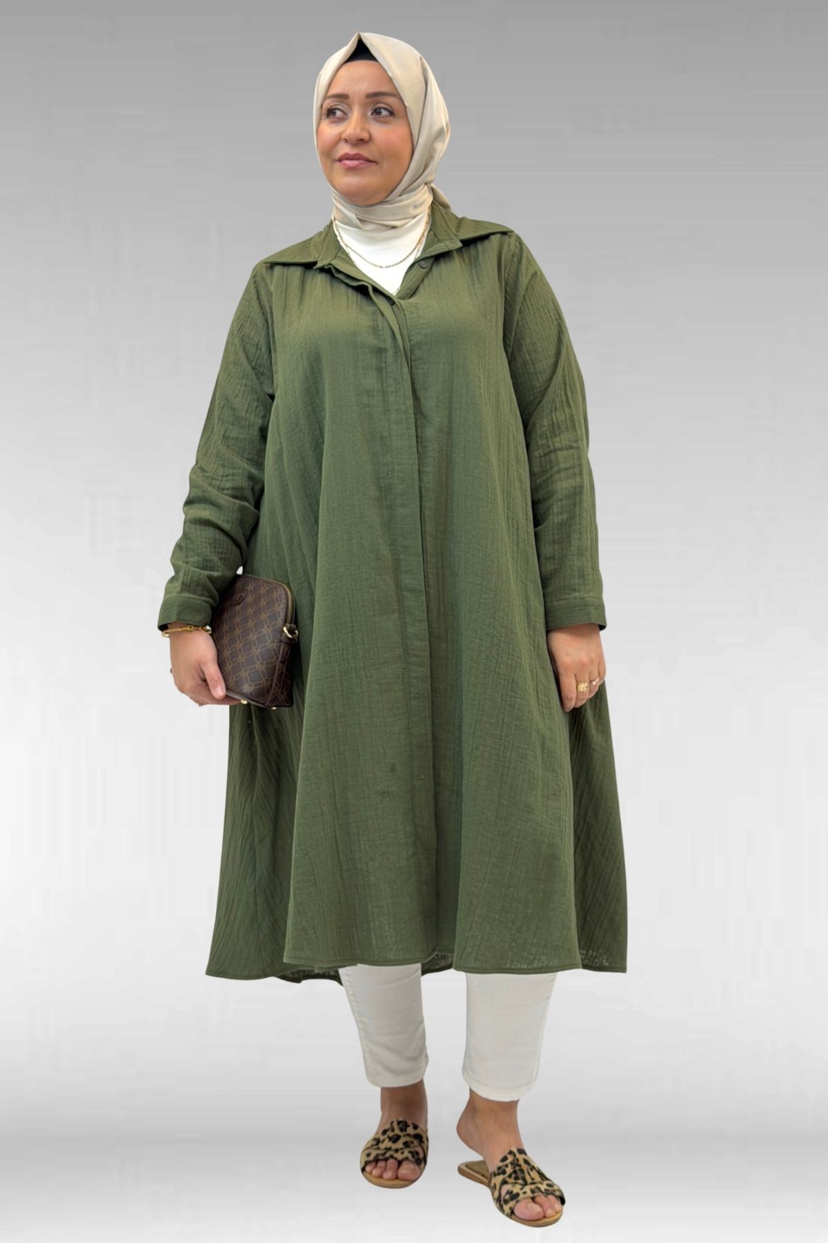 58093 Büyük Beden Mevlana Kesim Müslin Gömlek - Haki