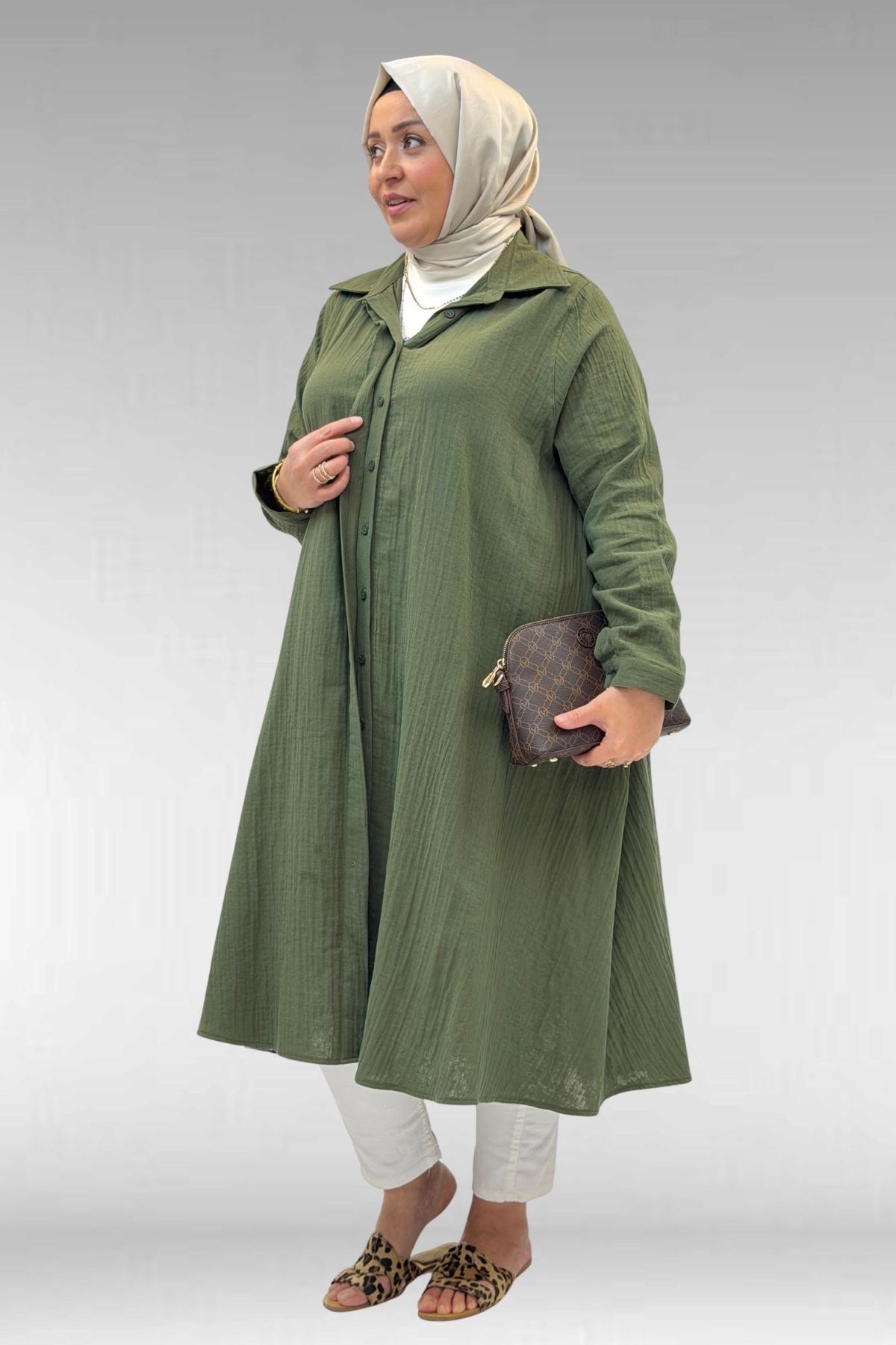 58093-1 Büyük Beden Mevlana Kesim Müslin Gömlek - Haki