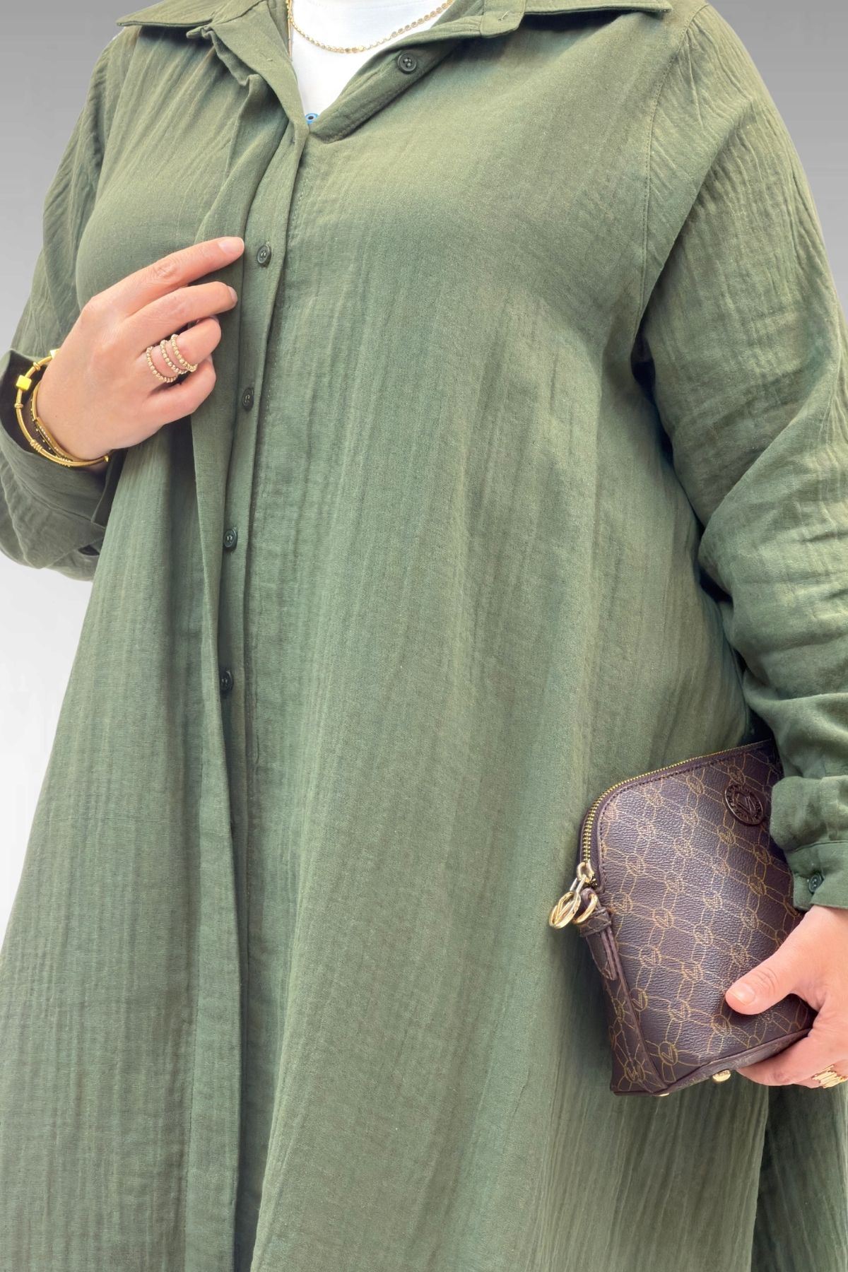 58093 Büyük Beden Mevlana Kesim Müslin Gömlek - Haki