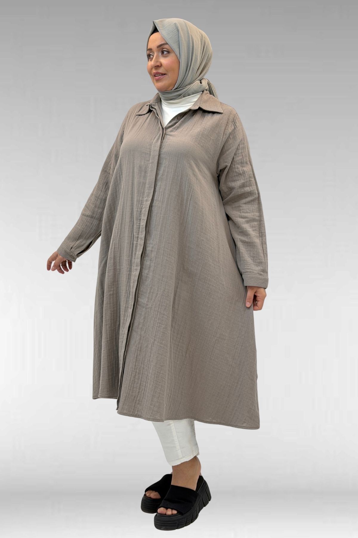 58093-1 Büyük Beden Mevlana Kesim Müslin Gömlek - Vizon