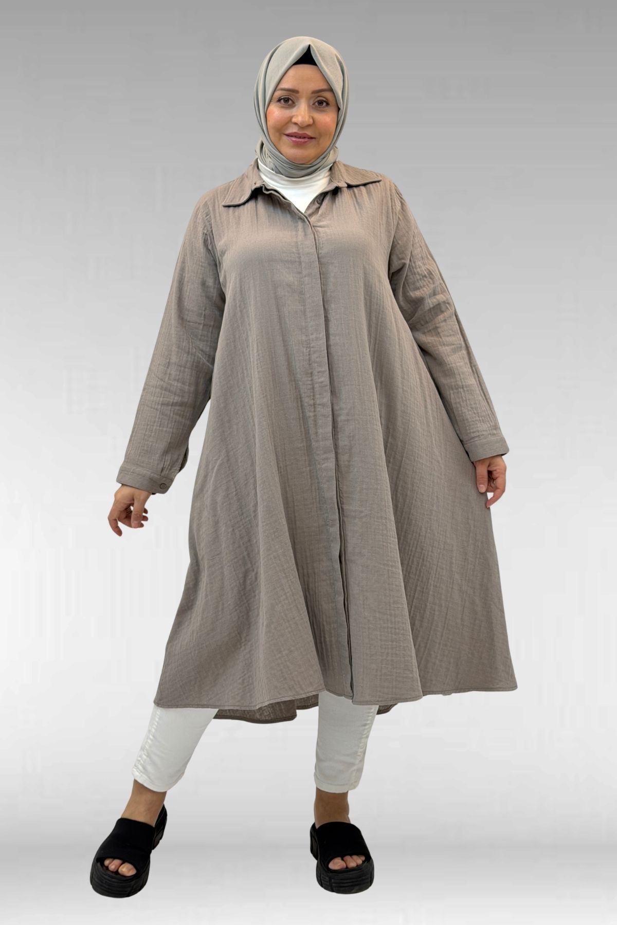 58093-1 Büyük Beden Mevlana Kesim Müslin Gömlek - Vizon