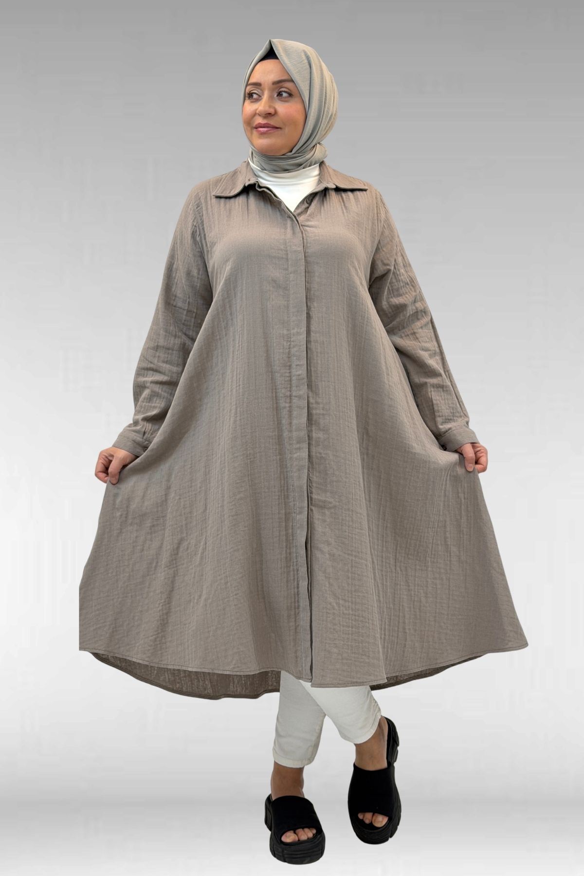 58093-1 Büyük Beden Mevlana Kesim Müslin Gömlek - Vizon