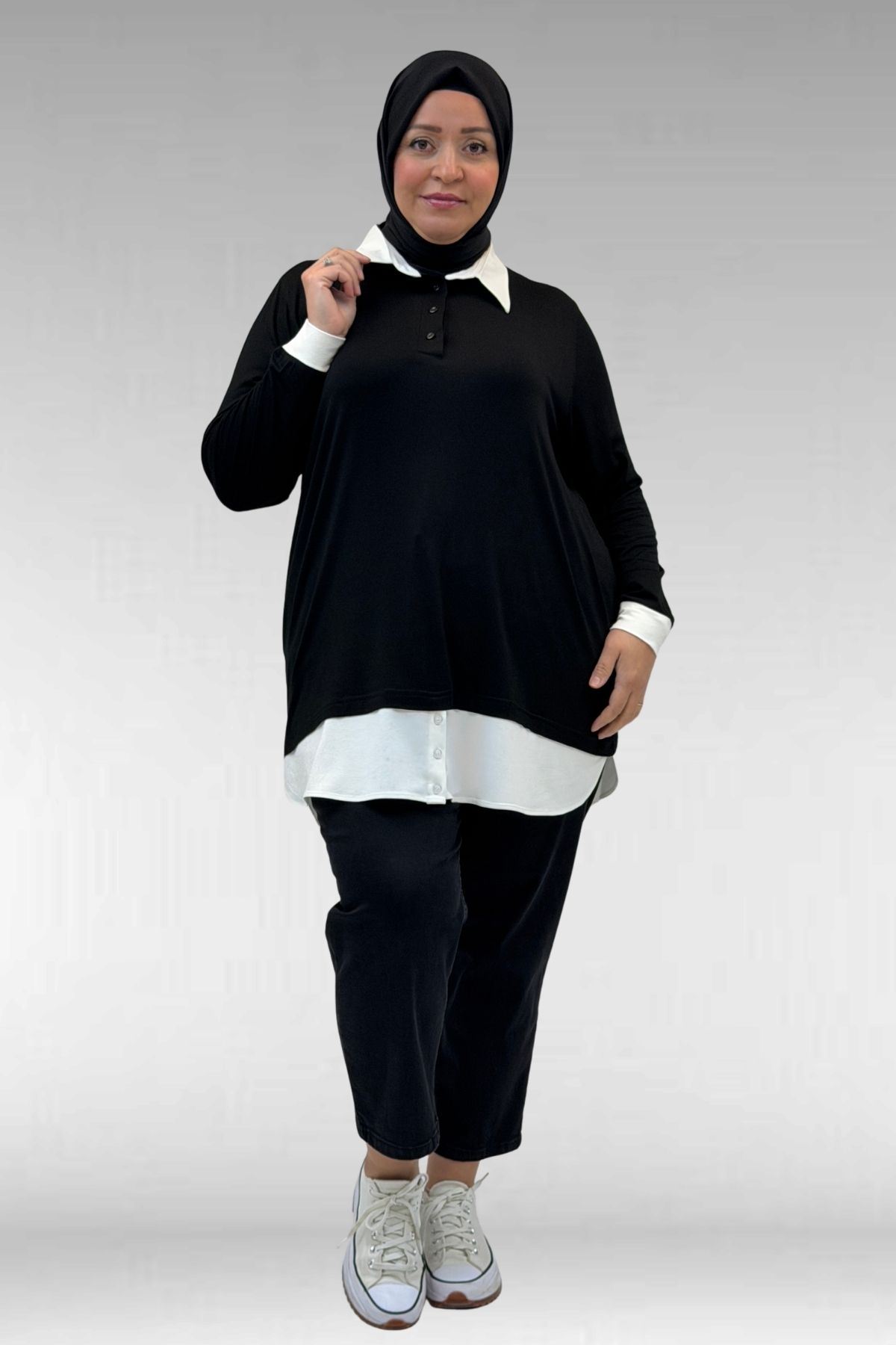 68028 Büyük Beden Kombinli -Manşetli Penye Tunik - Siyah