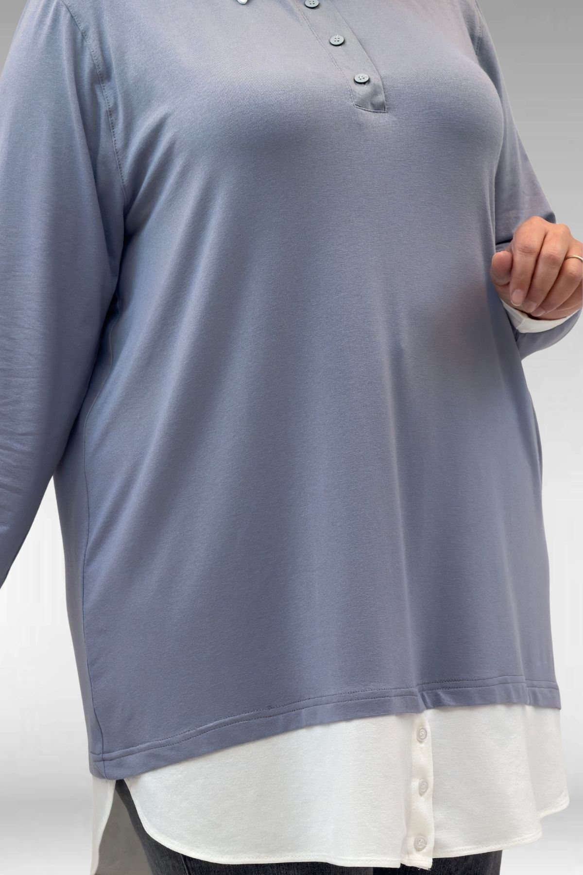 68028 Büyük Beden Kombinli -Manşetli Penye Tunik - Gri