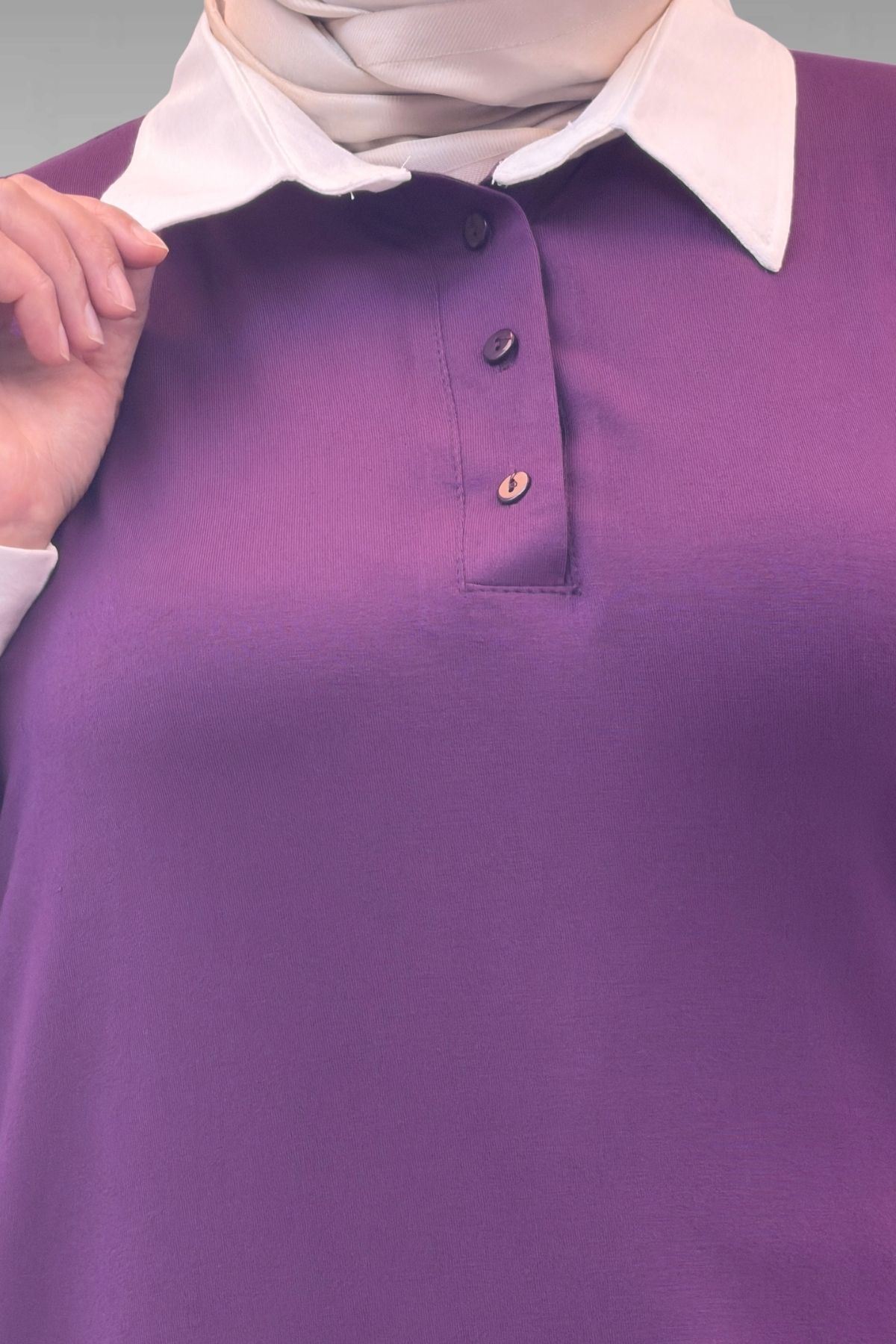 68028 Büyük Beden Kombinli -Manşetli Penye Tunik - Mürdüm