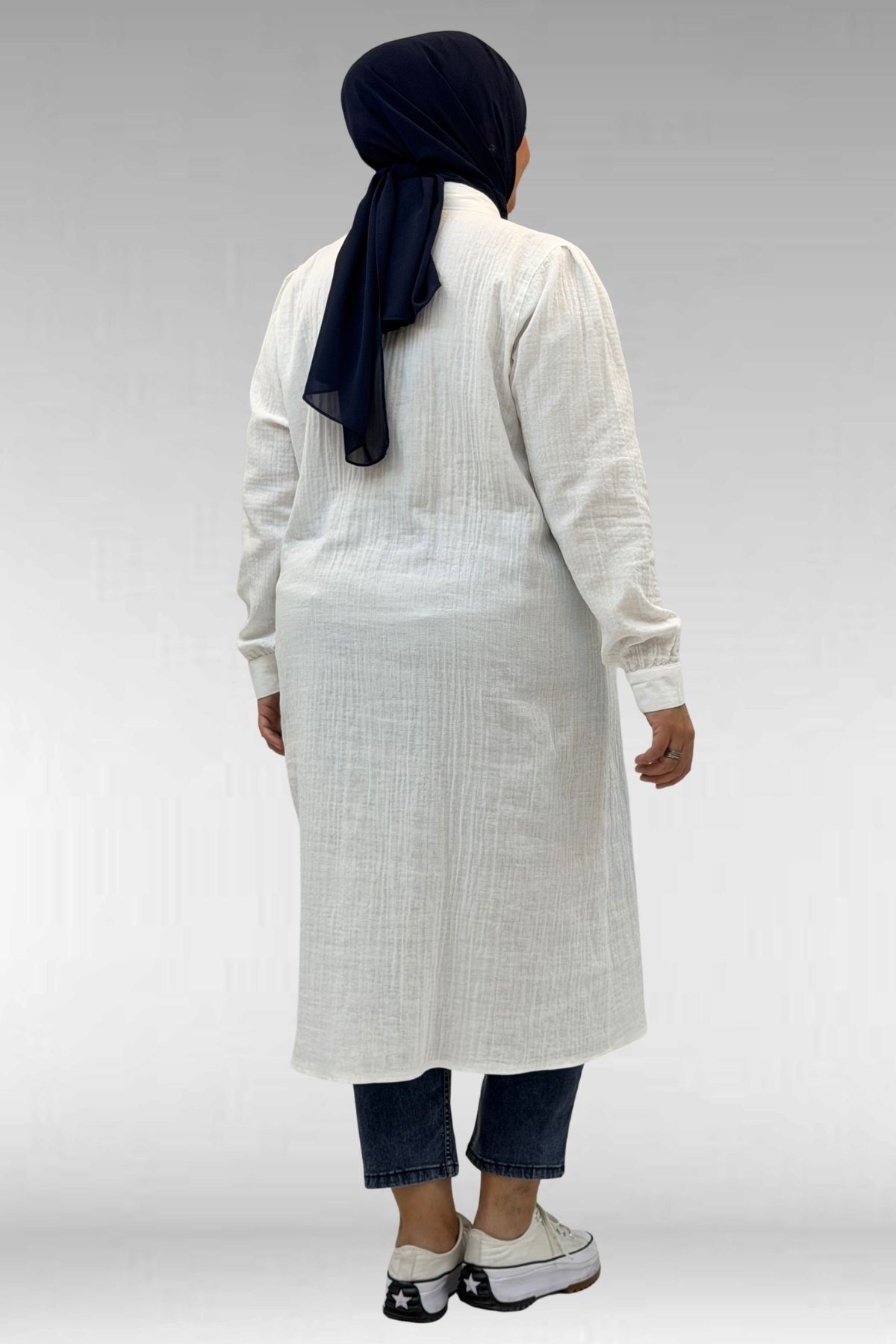 68021 Büyük Beden Düğme Detaylı Müslin Gömlek - Ekru