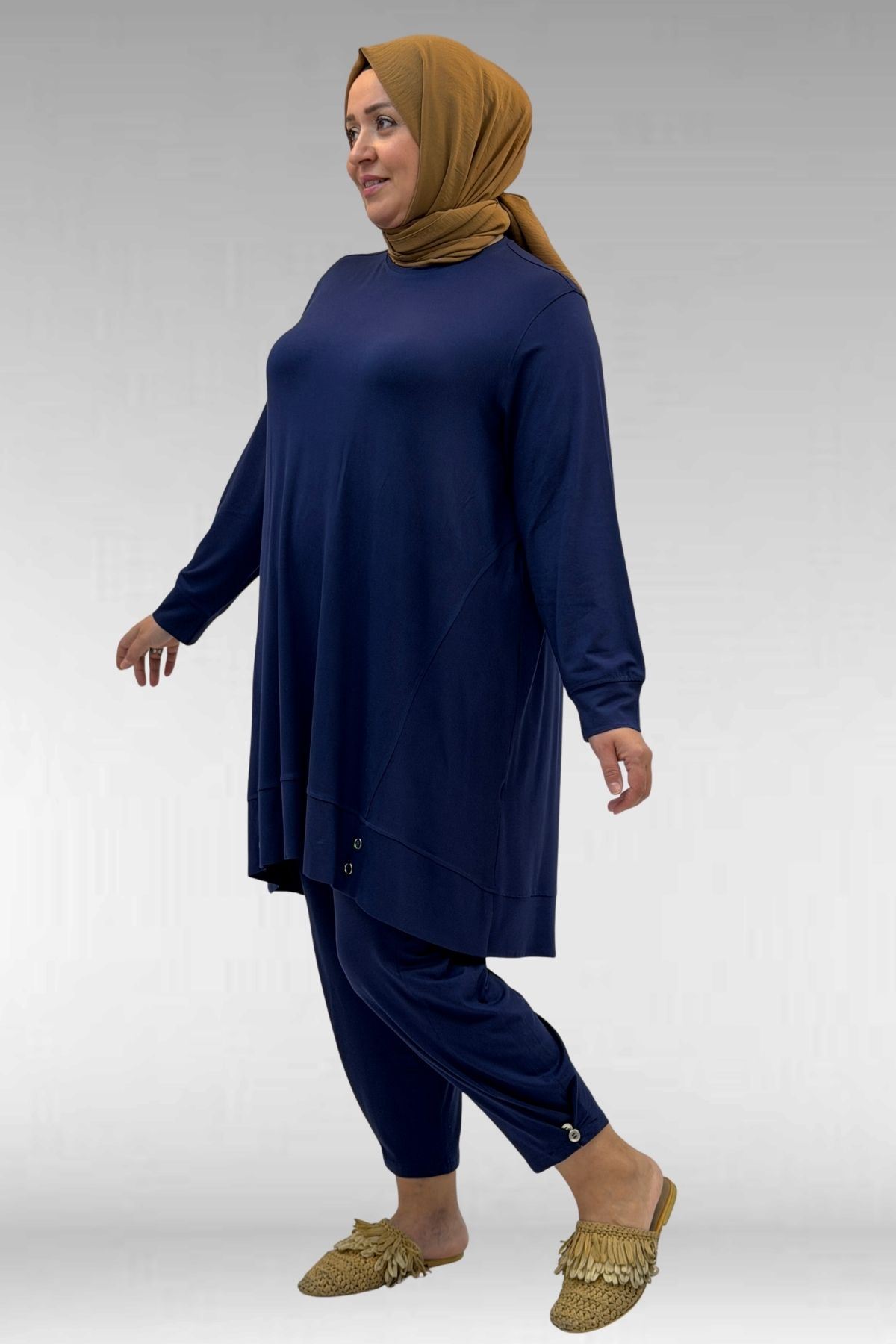 67041 Büyük Beden Düğme Detaylı Penye Pantolonlu Takım - İndigo