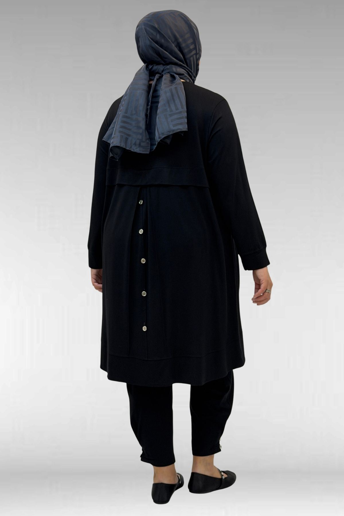 67041 Büyük Beden Düğme Detaylı Penye Pantolonlu Takım - Siyah