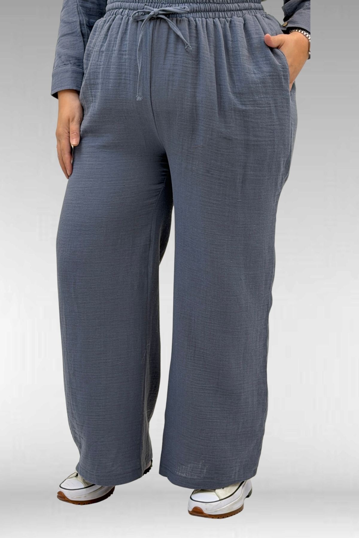 67038 Büyük Beden Erkek Yakalı Müslin Pantolonlu Takım - Antrasit