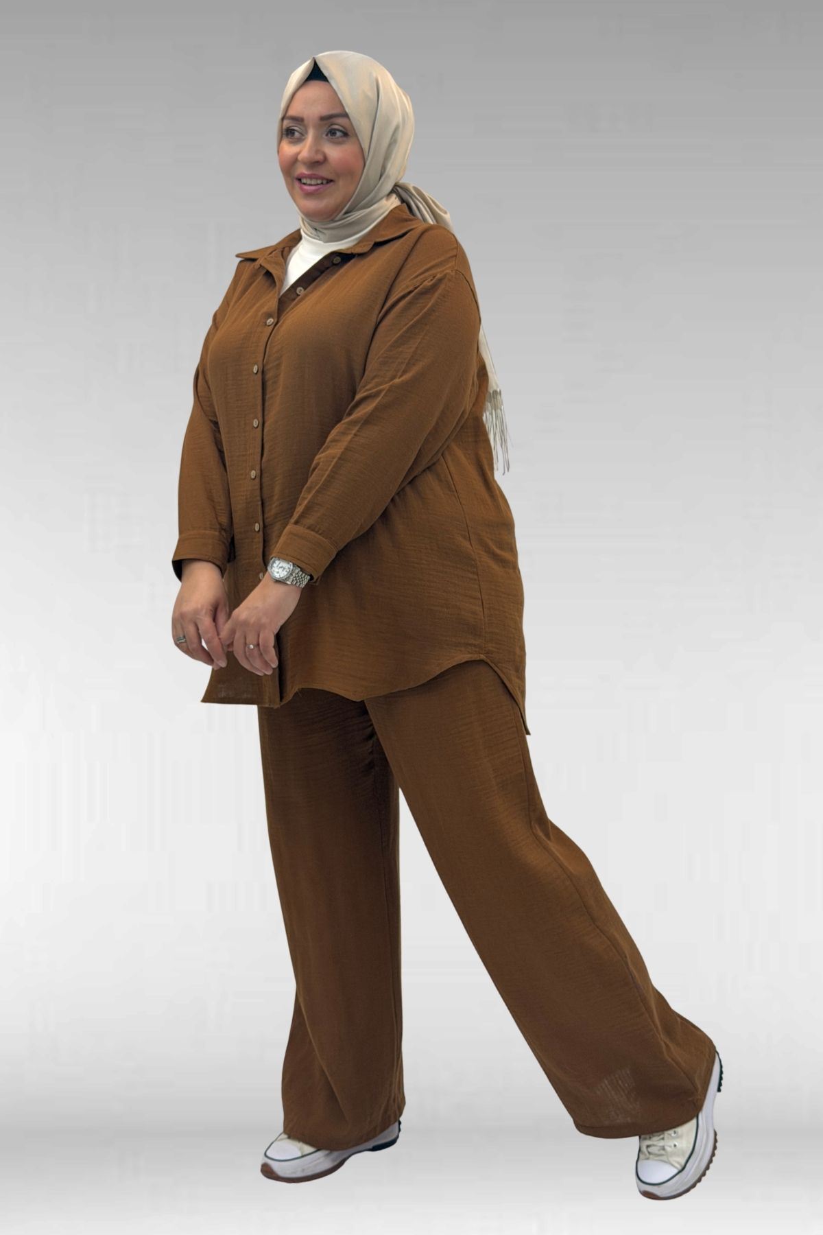 67038 Büyük Beden Erkek Yakalı Müslin Pantolonlu Takım - Kahve